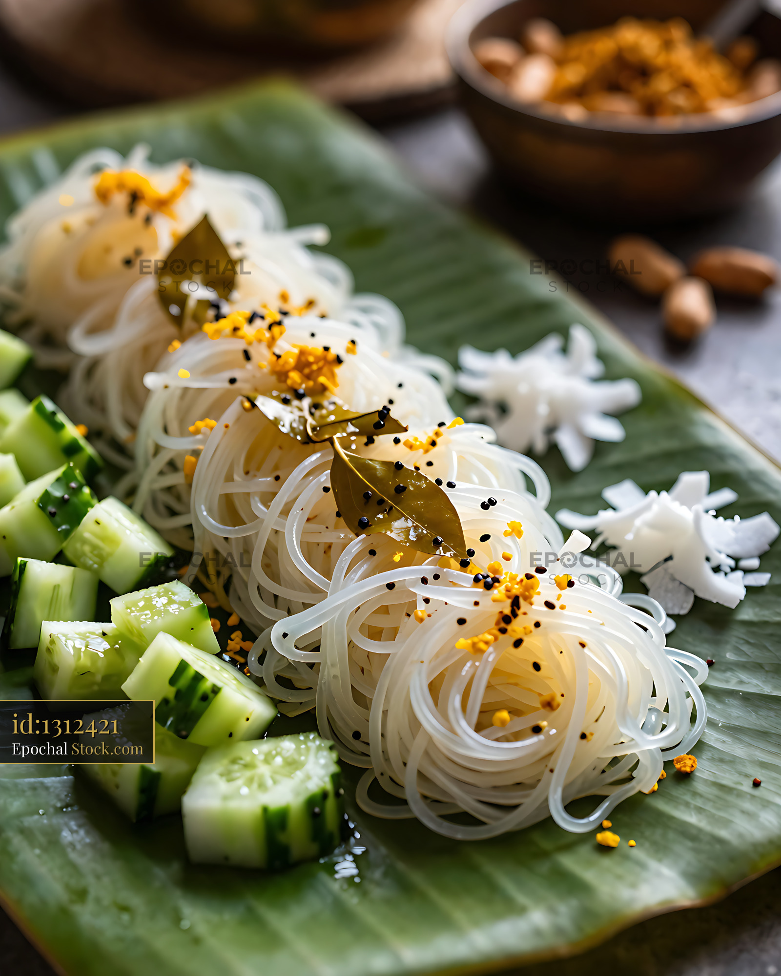 Kakdi Koshimbir With Rice Noodles on Banana Leaf - stock photo