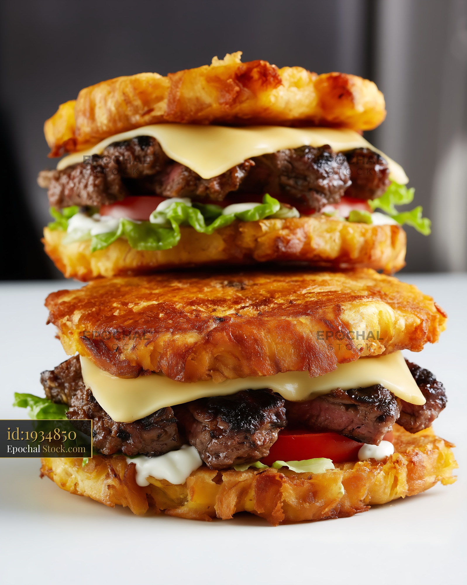 Hash Brown Burgers Stacked with Beef and Cheese - stock photo