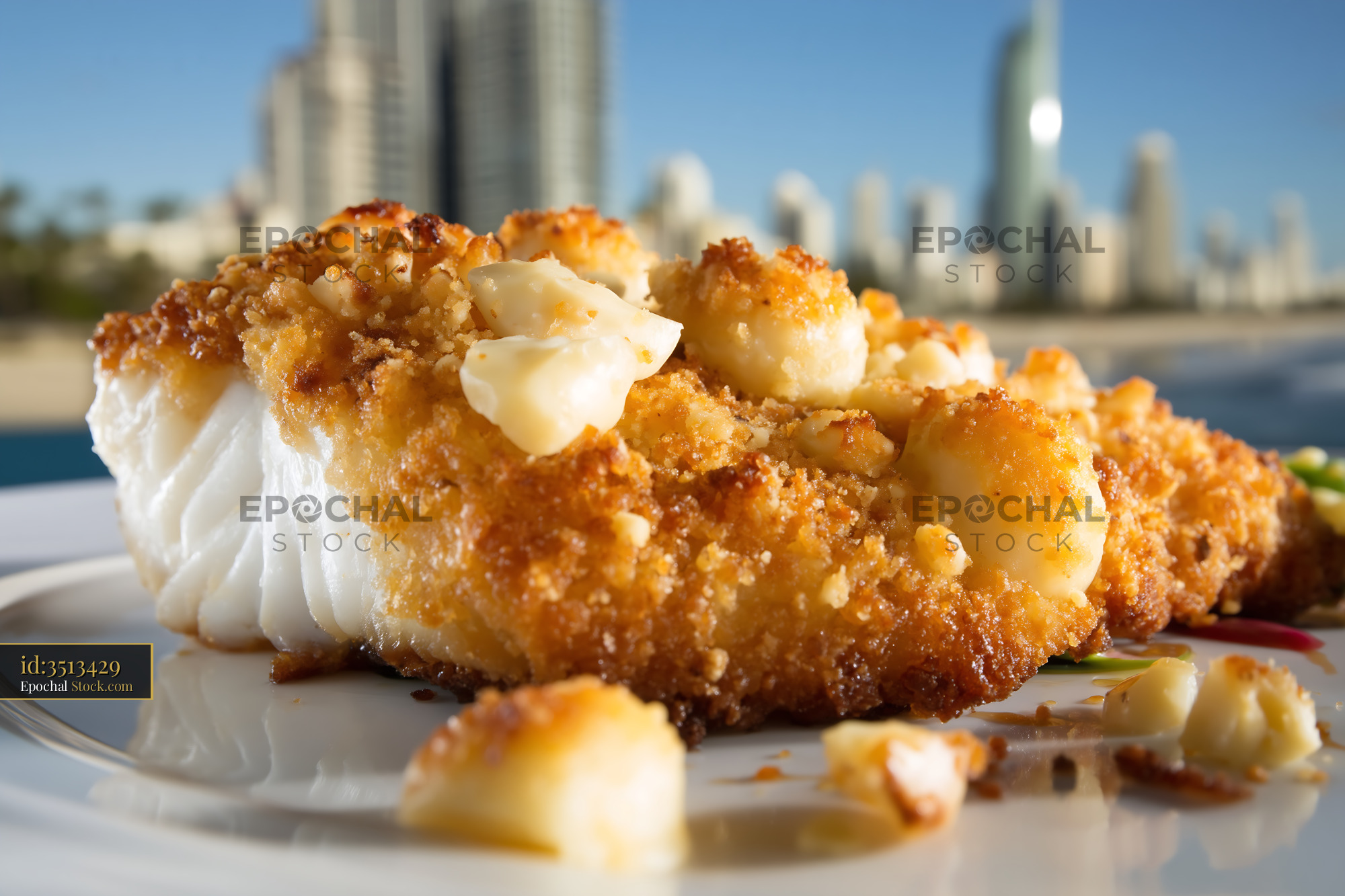 Coconut Macadamia Cake with City Skyline - stock photo