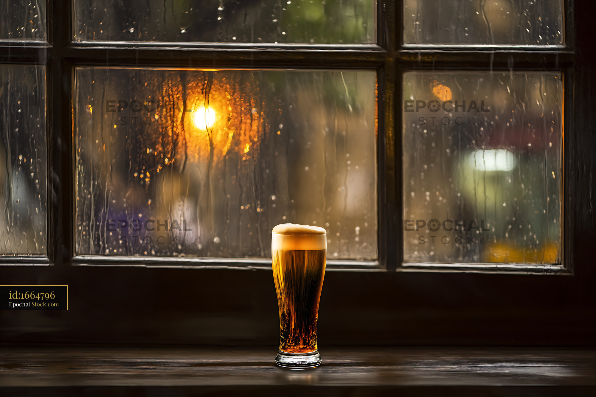 Pint Glass Dark Beer Rainy Window Evening - stock photo
