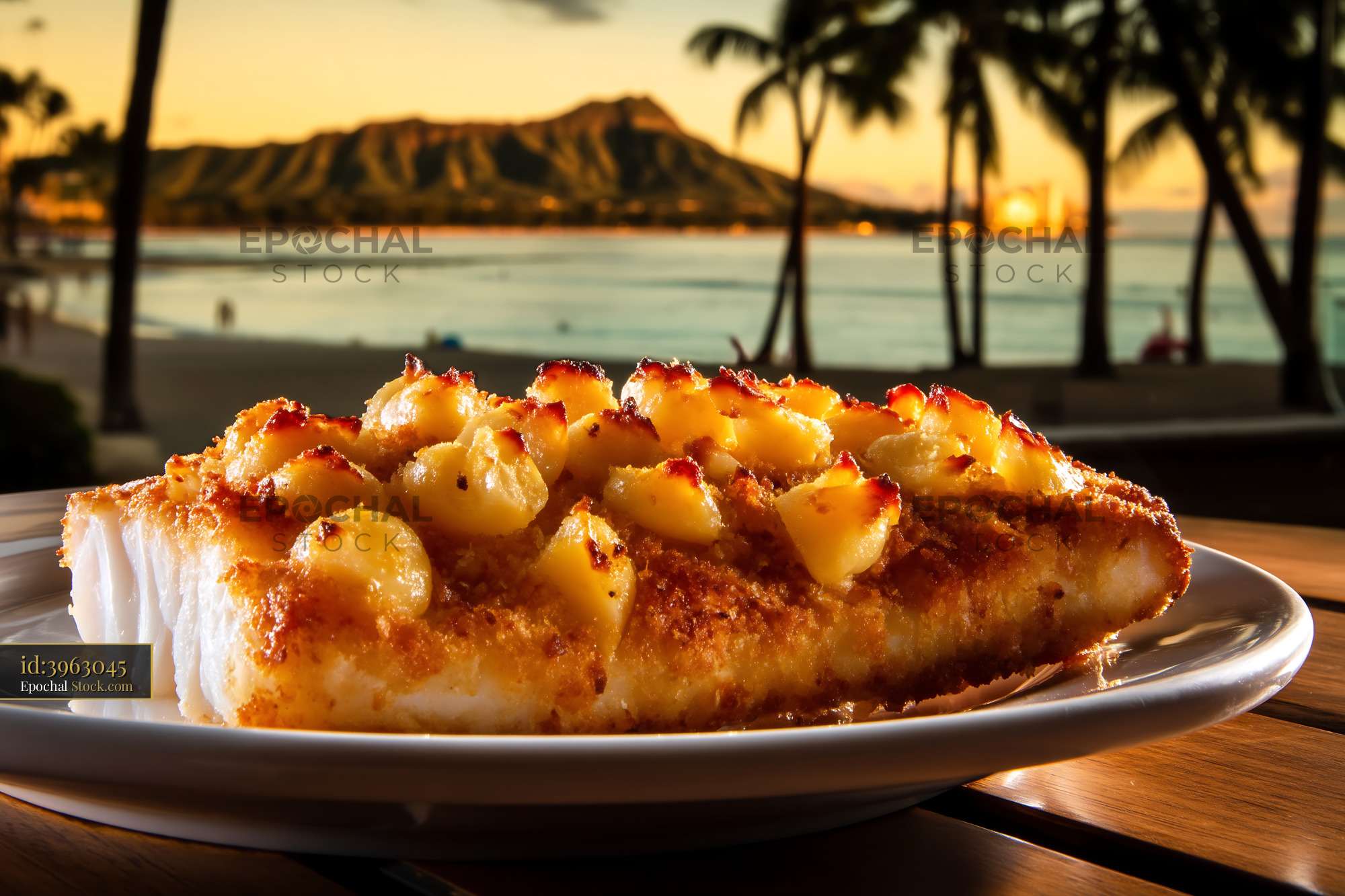 Pineapple Grilled Fish with Diamond Head View - stock photo