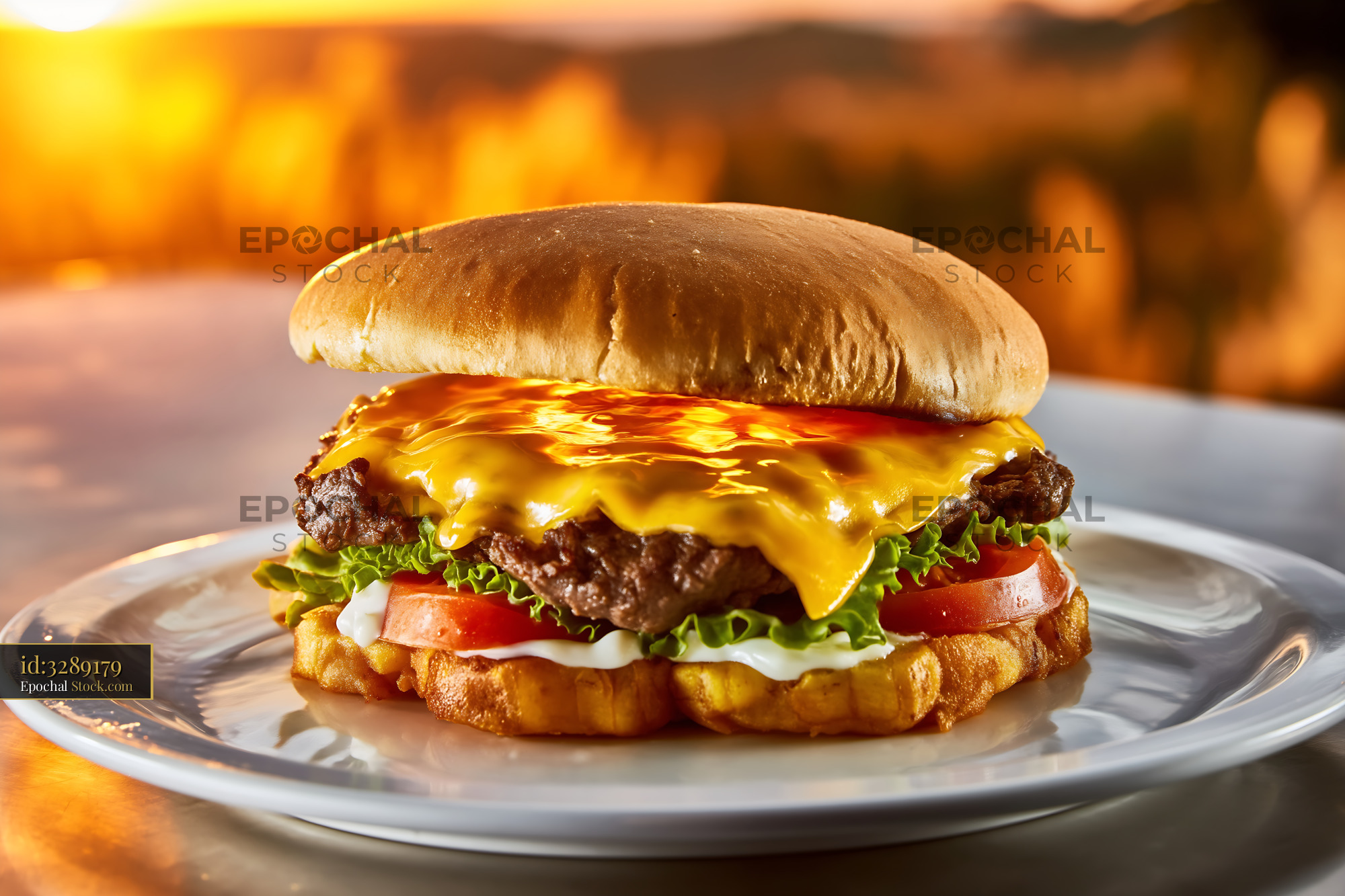 Gourmet Cheeseburger with Melted Cheddar on Plate - stock photo