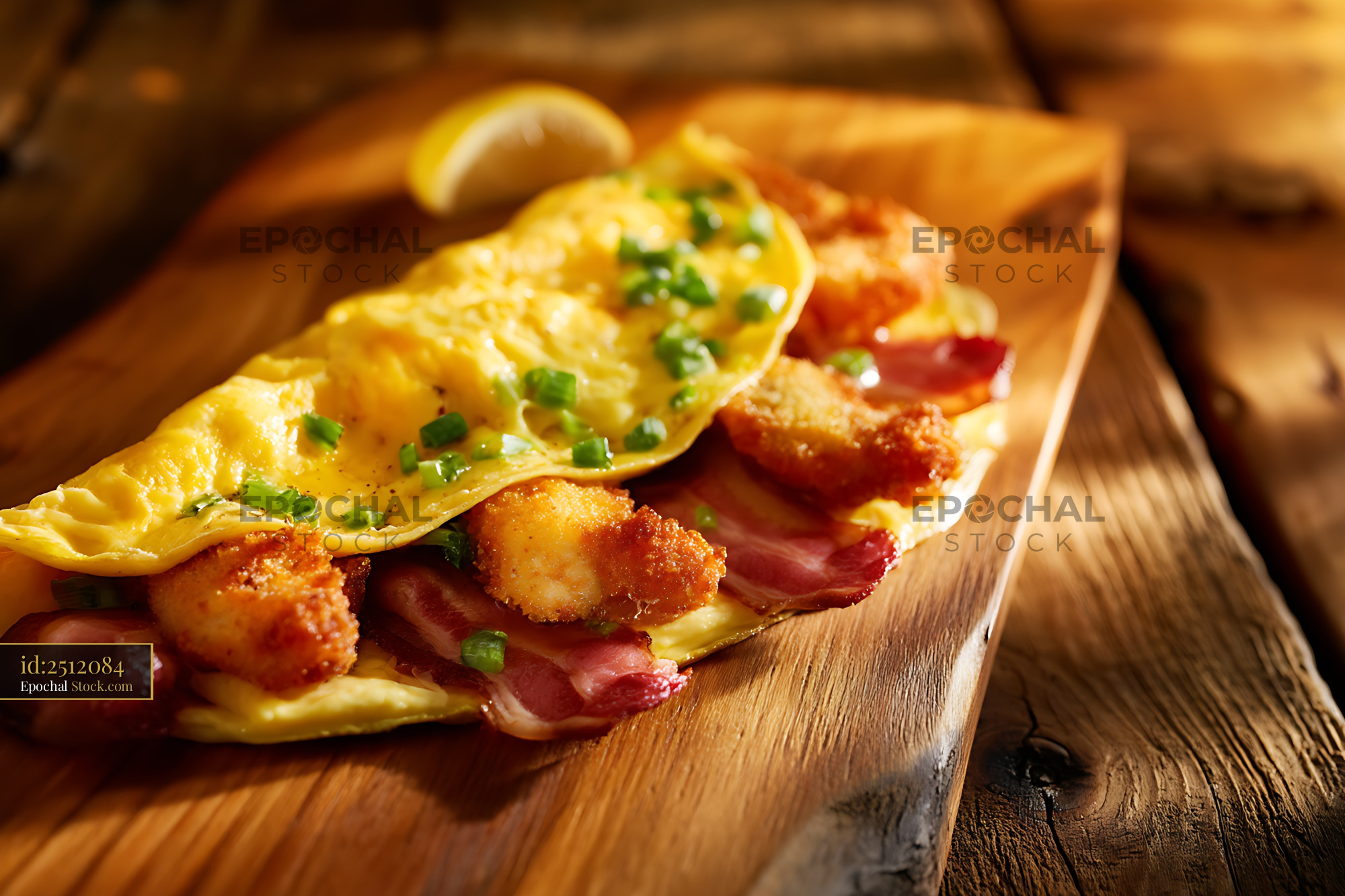 Crispy Shrimp Omelette with Bacon on Wood Board - stock photo