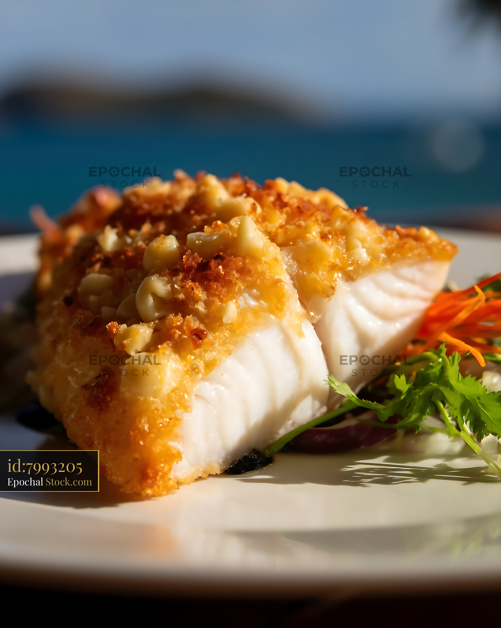 Crispy Crusted White Fish with Herb Garnish - stock photo