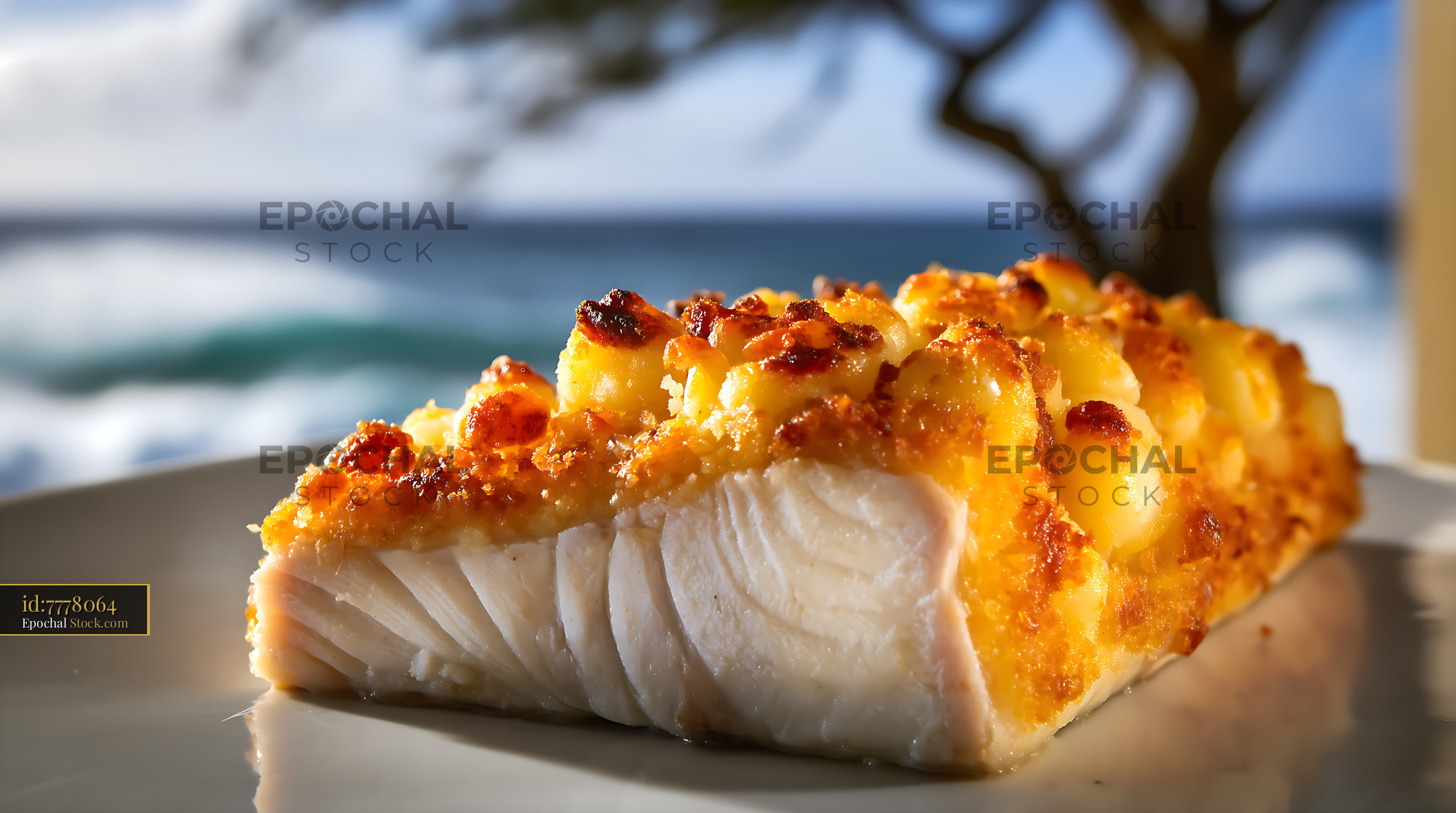 Golden Baked Fish with Potato Crust, Seaside Dinner - stock photo