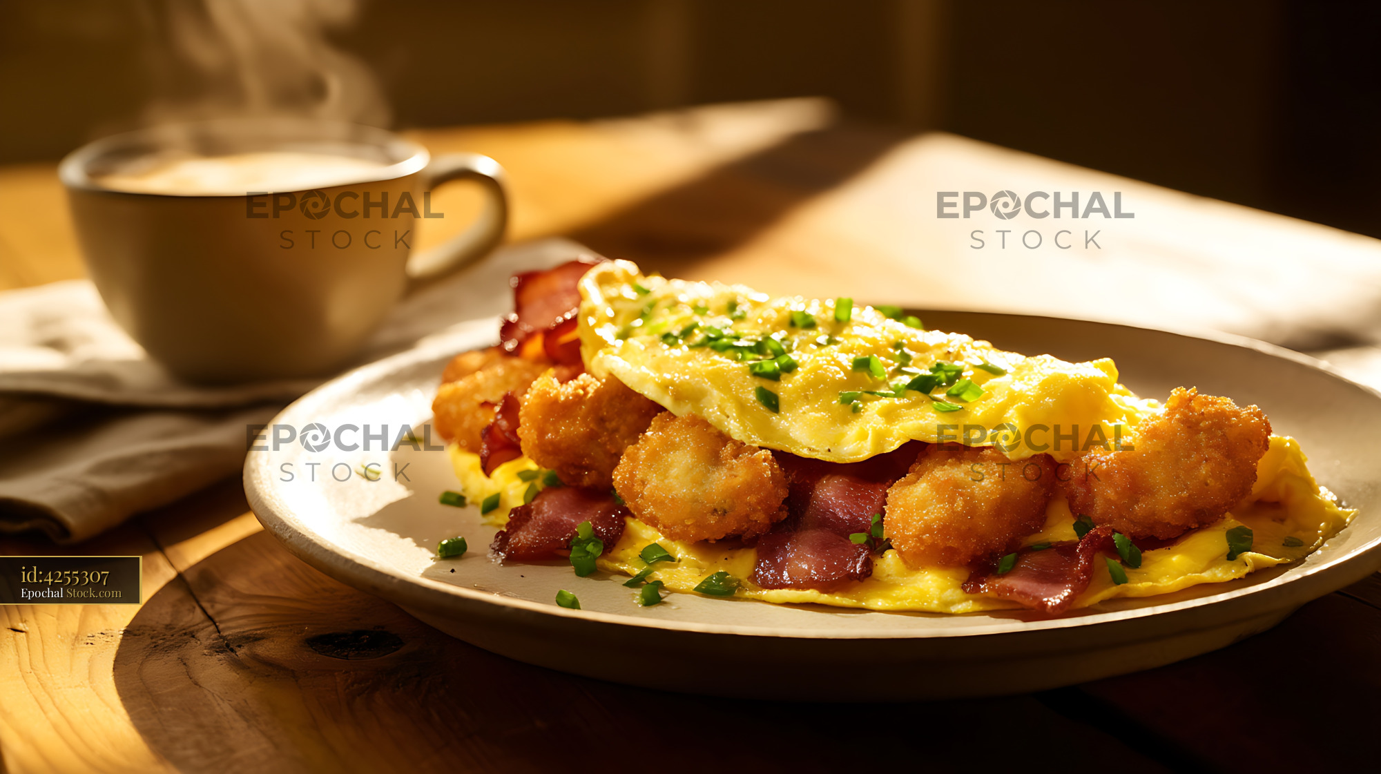 Golden Hash Brown Omelet Breakfast with Bacon - stock photo