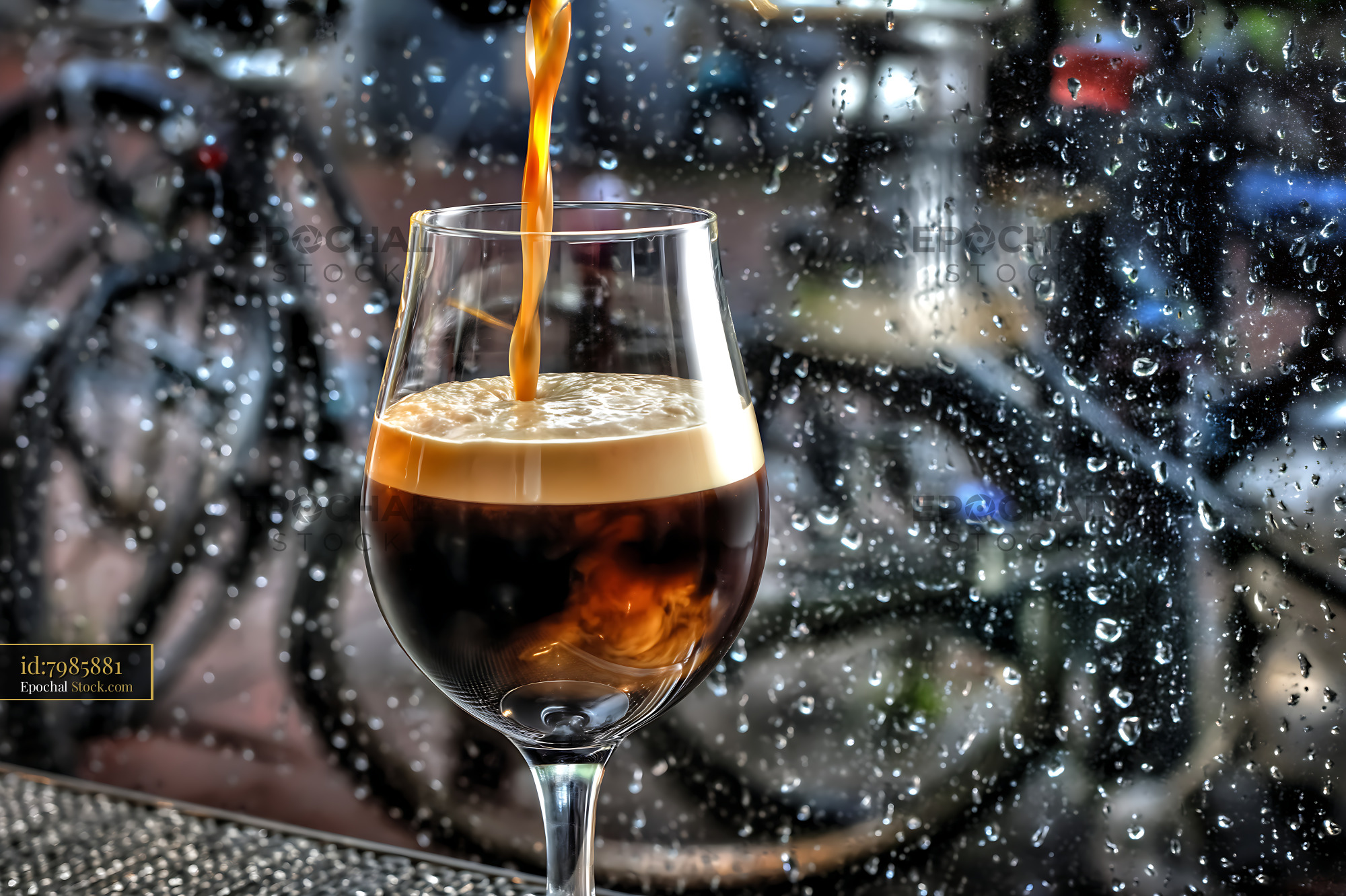 Nitro Caramel Coffee Pouring on Rainy Day - stock photo