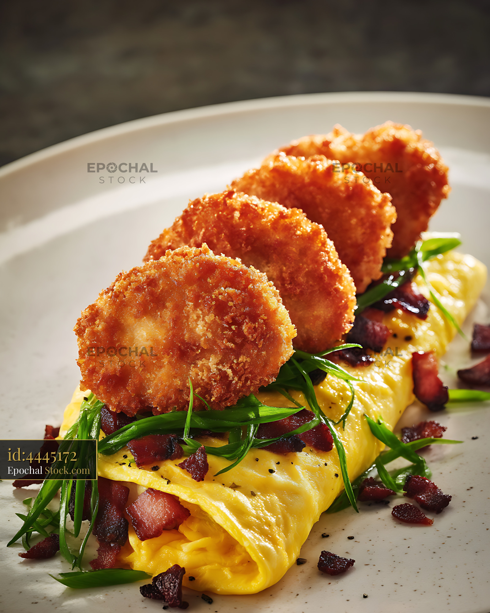 Crispy Fried Croquettes on Eggs, Fine Dining - stock photo