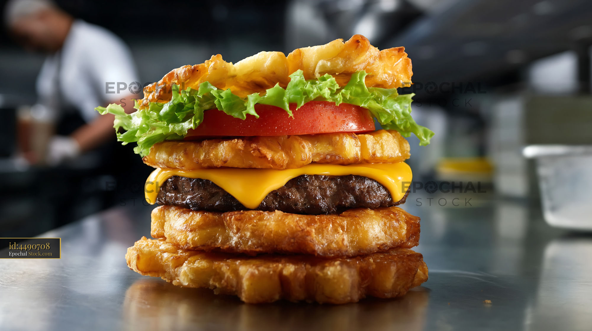 Gourmet Burger Stacked with Fried Golden Bread - stock photo