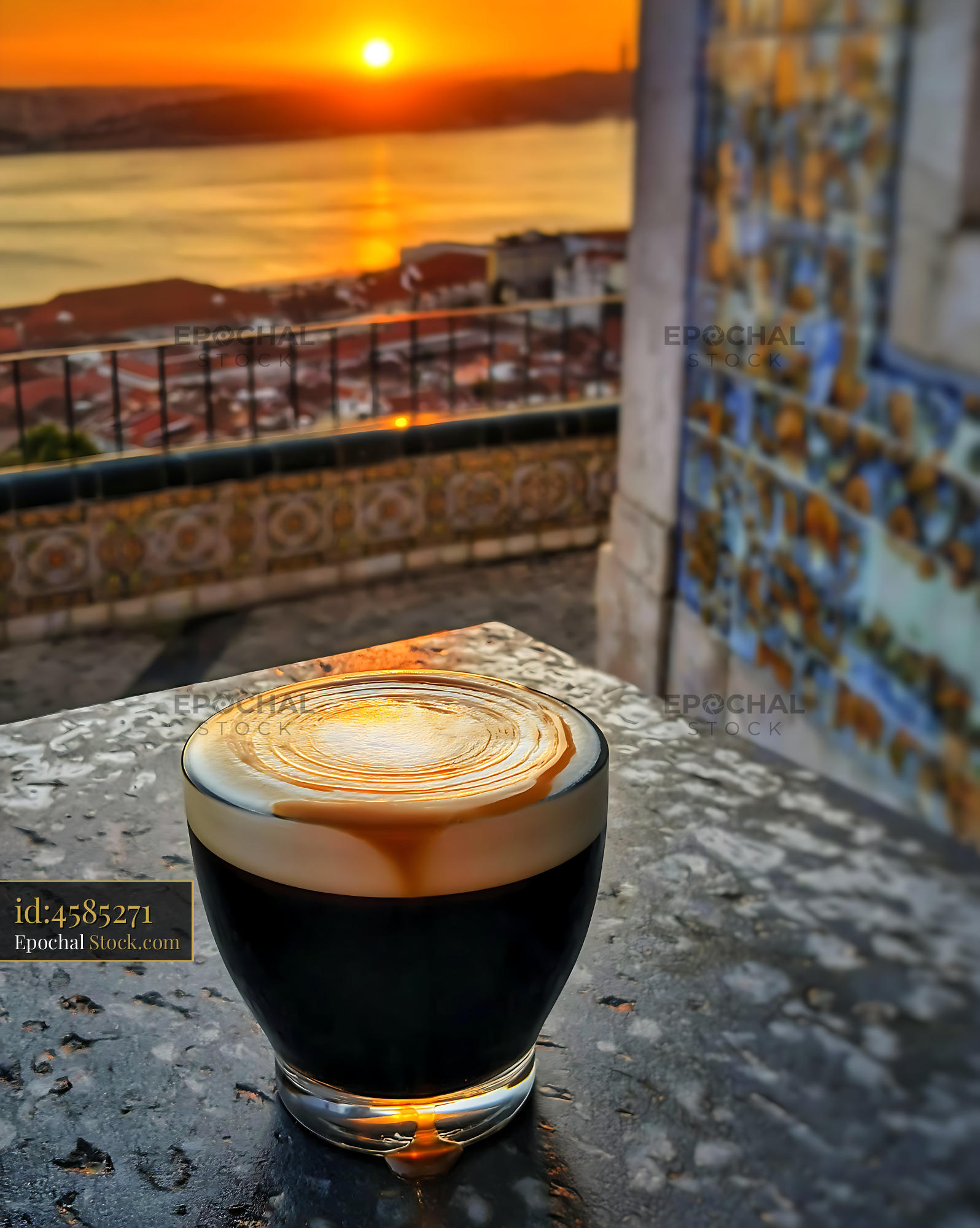 Nitro Caramel Coffee Latte Art at Sunset - stock photo