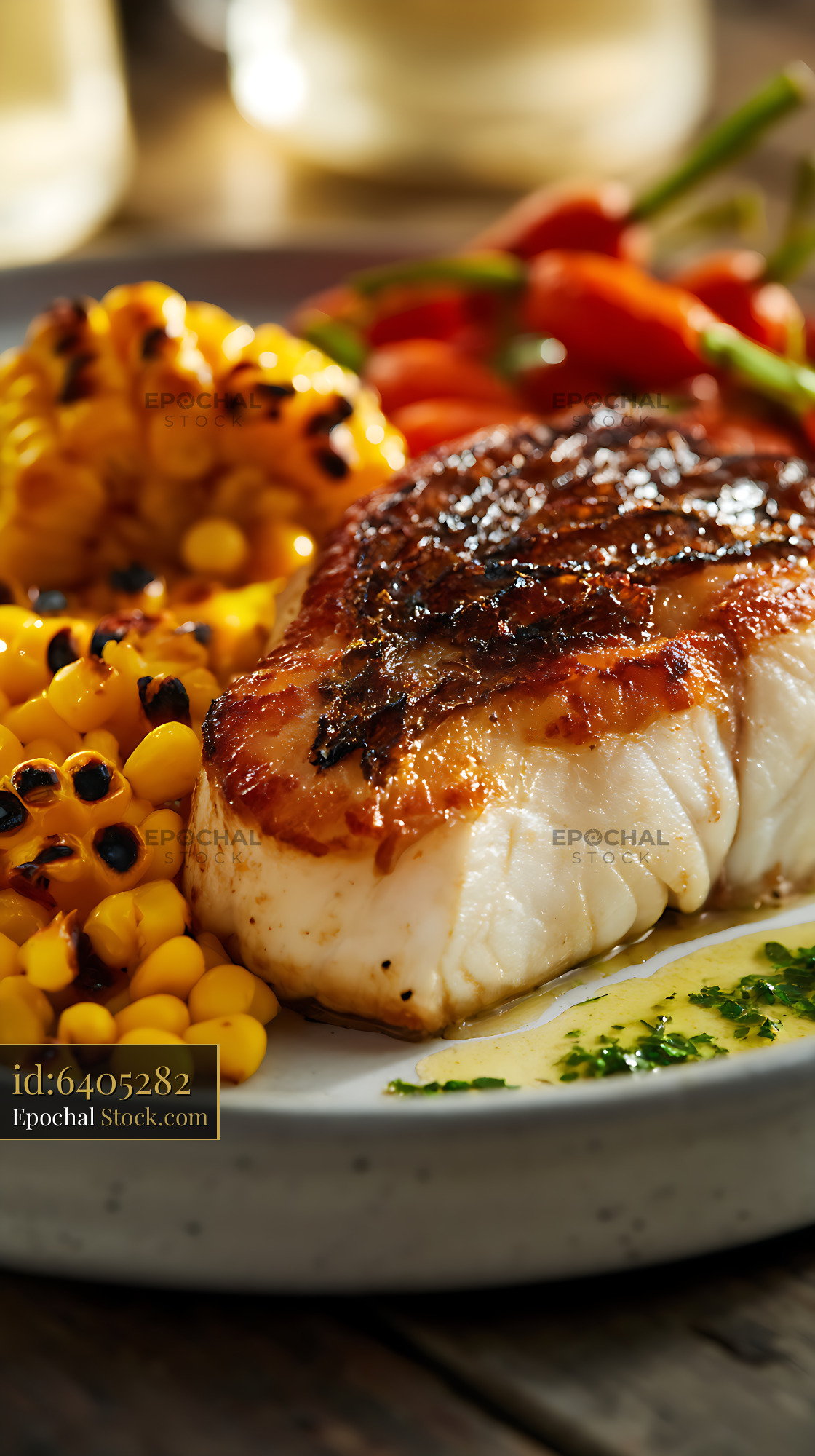 Pan-Seared Murray Cod Fillet with Grilled Corn - stock photo