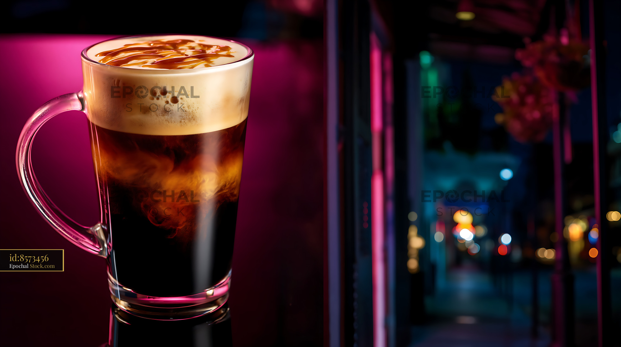 Nitro Caramel Coffee with Latte Art in Neon Light - stock photo