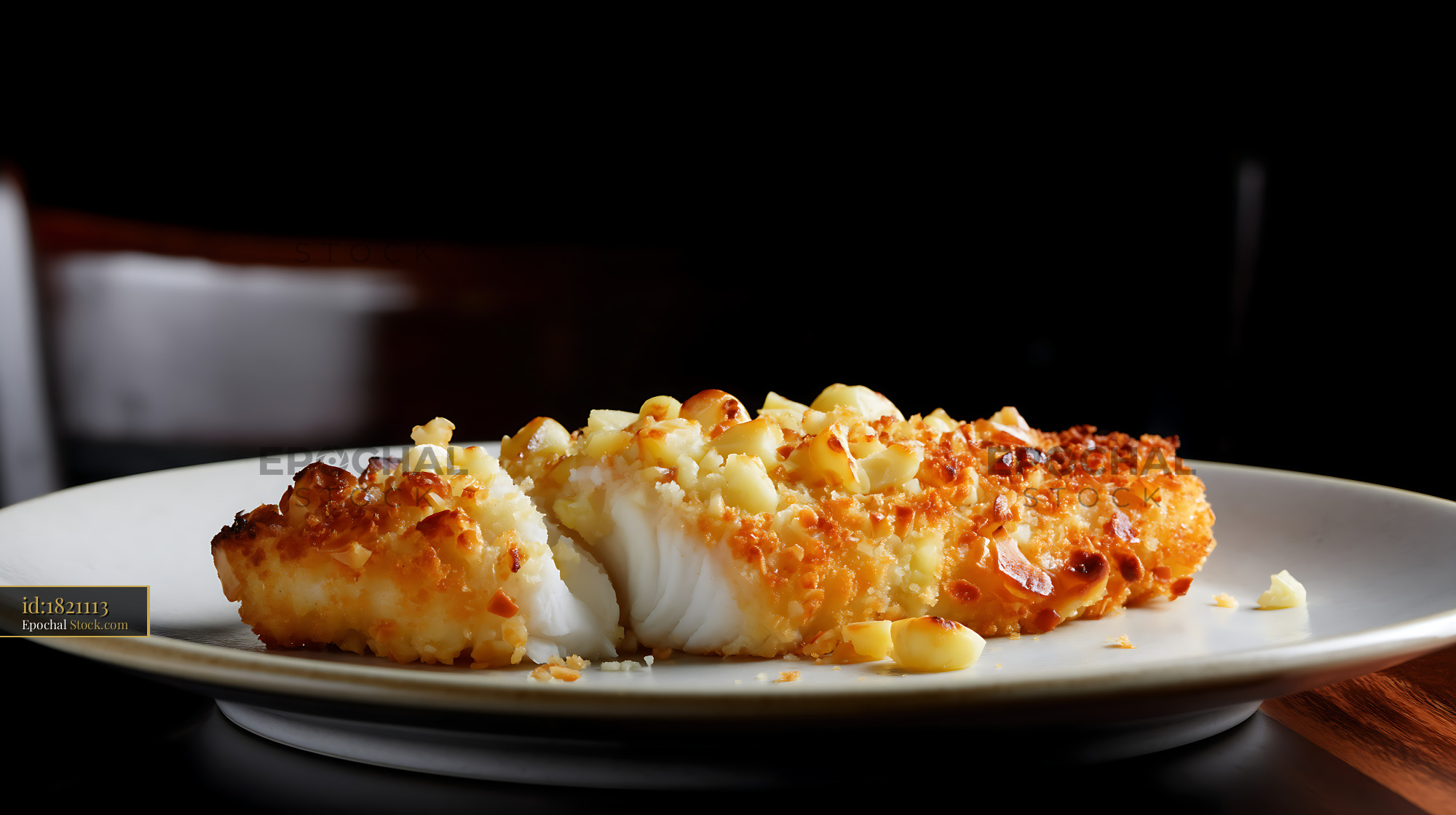 Macadamia Crusted Fish Sliced on White Plate - stock photo