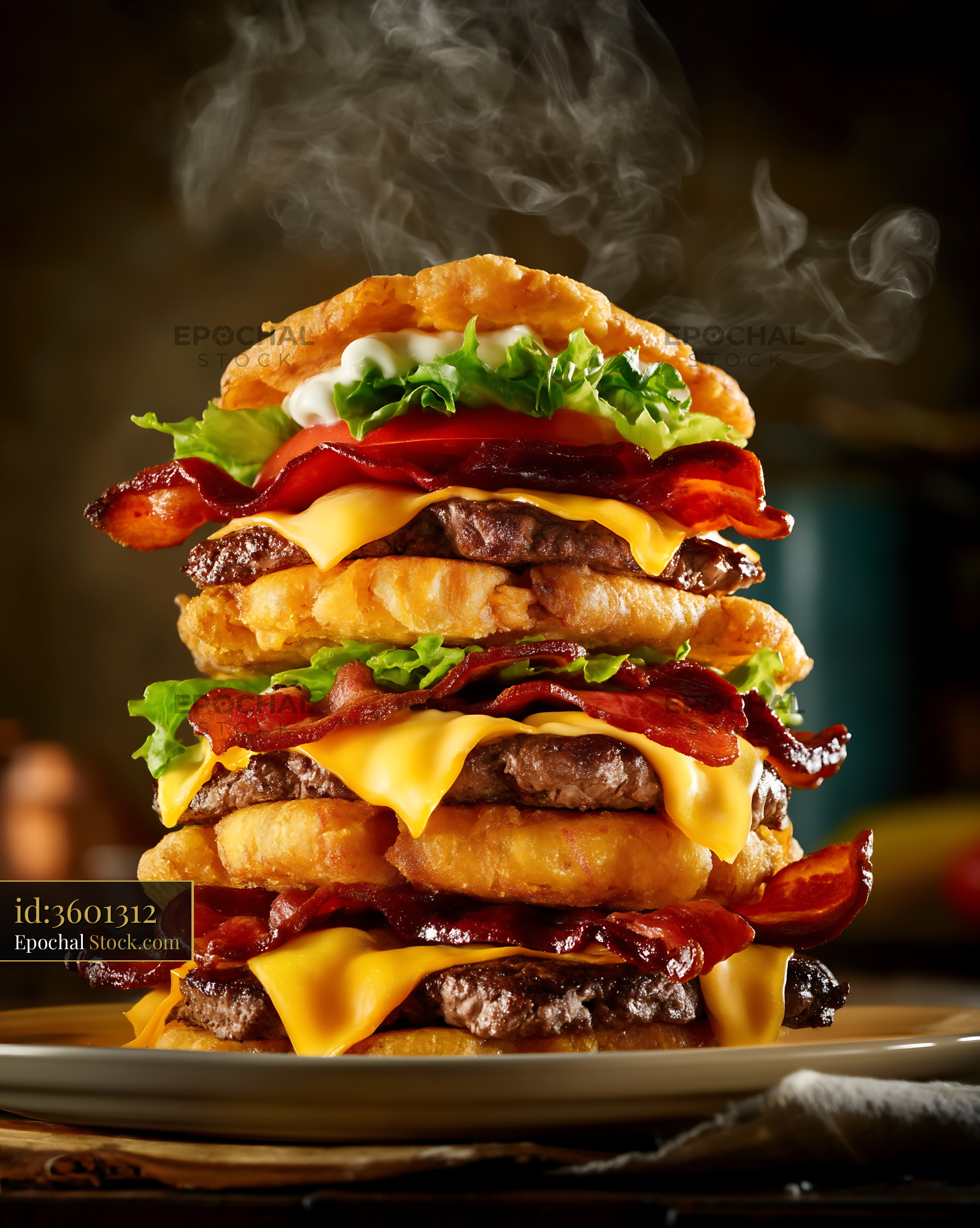 Stacked Gourmet Burger with Crispy Bacon and Cheese - stock photo