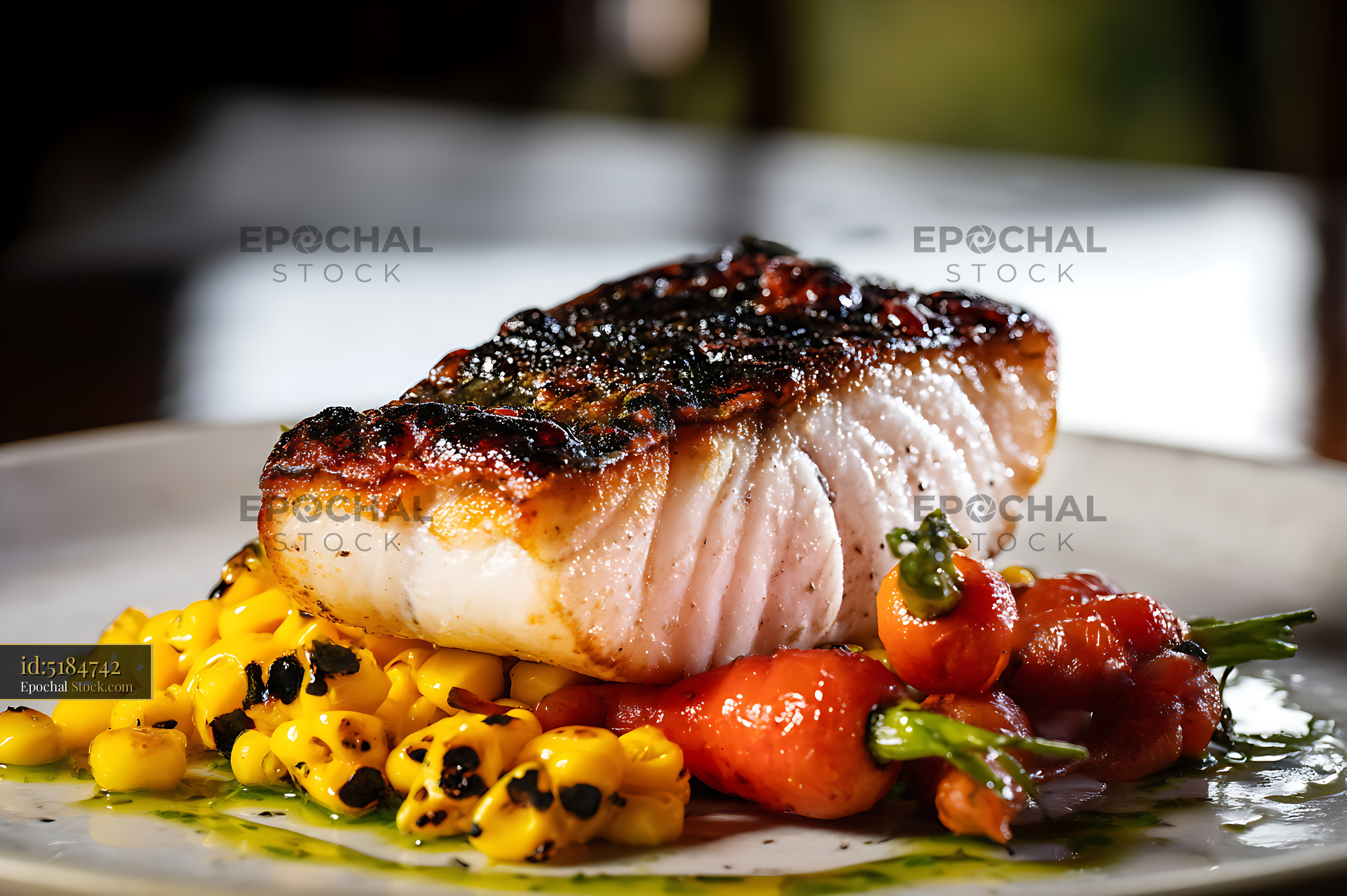Pan-Seared Murray Cod Fillet with Charred Corn - stock photo