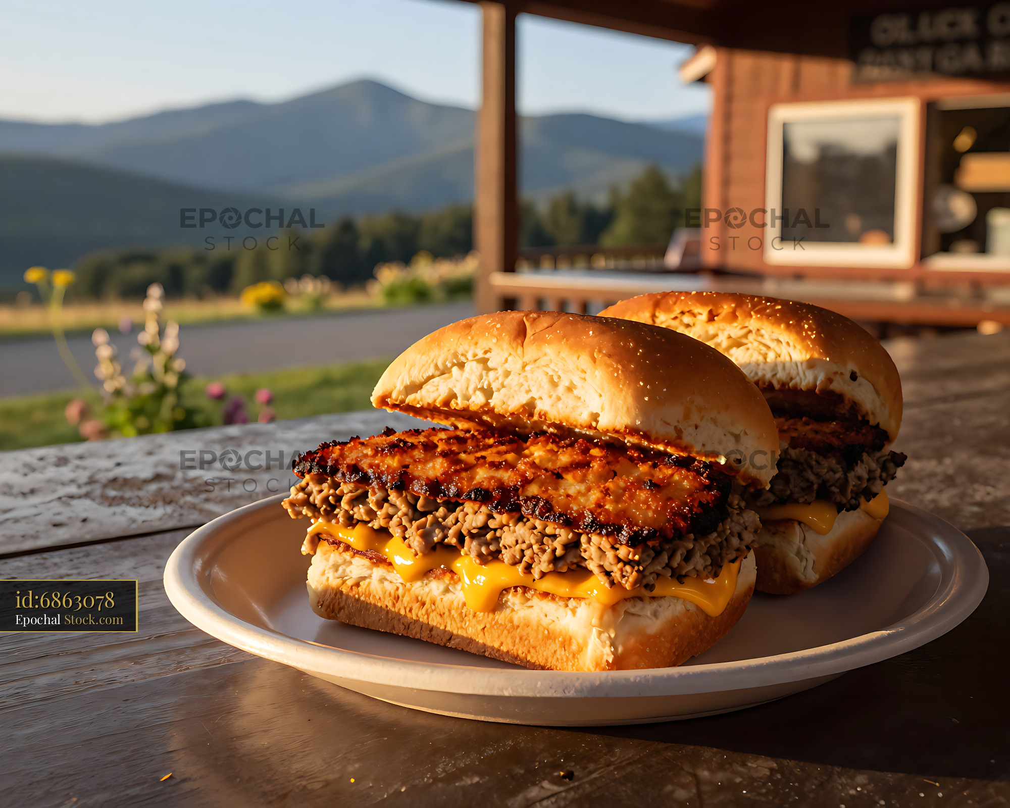 Livermush Sandwich with Cheese at Mountain Lodge View - stock photo