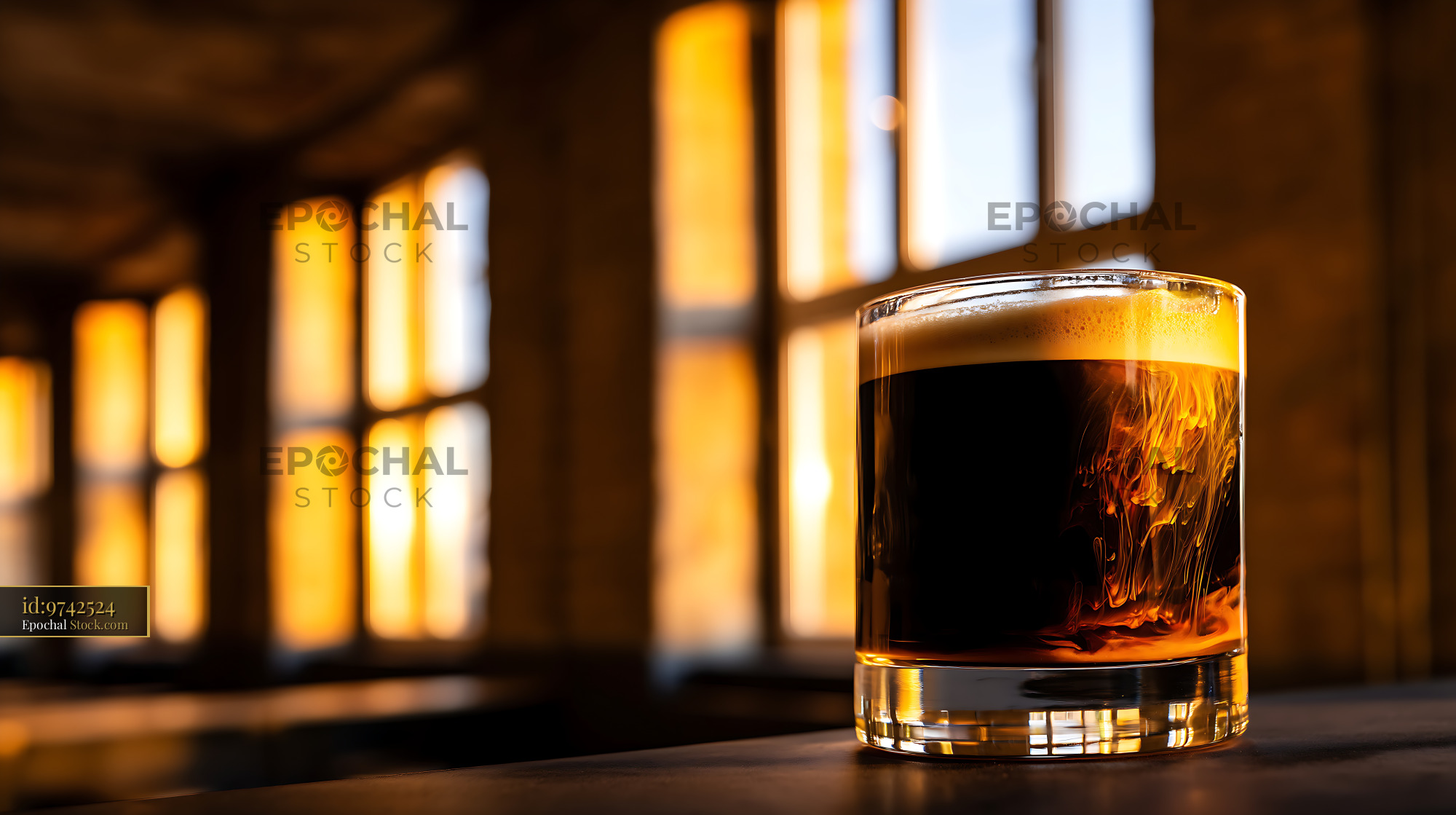 Nitro Caramel Coffee Glass Golden Hour - stock photo