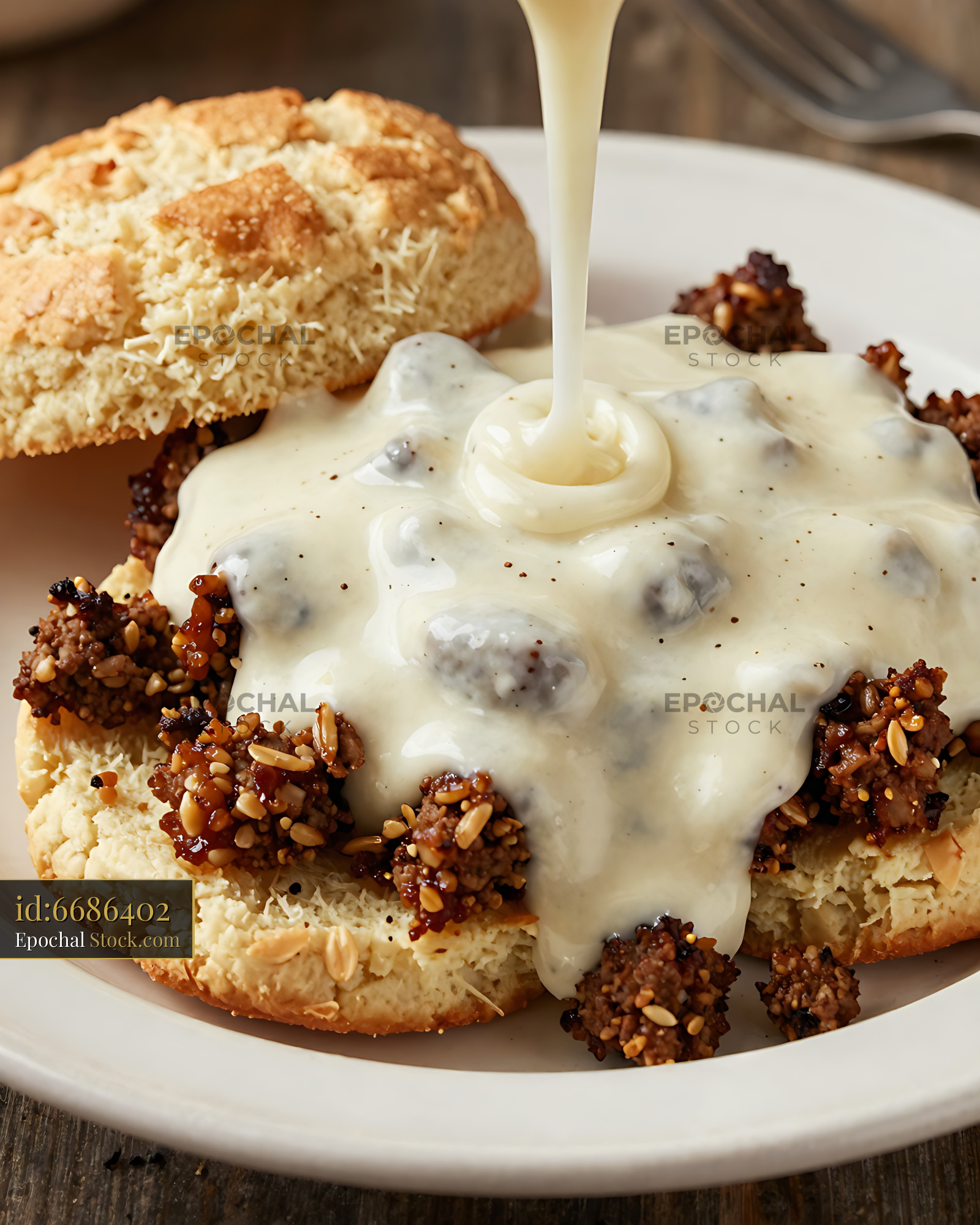 Scone with Pouring Cream Sauce and Meatballs - stock photo
