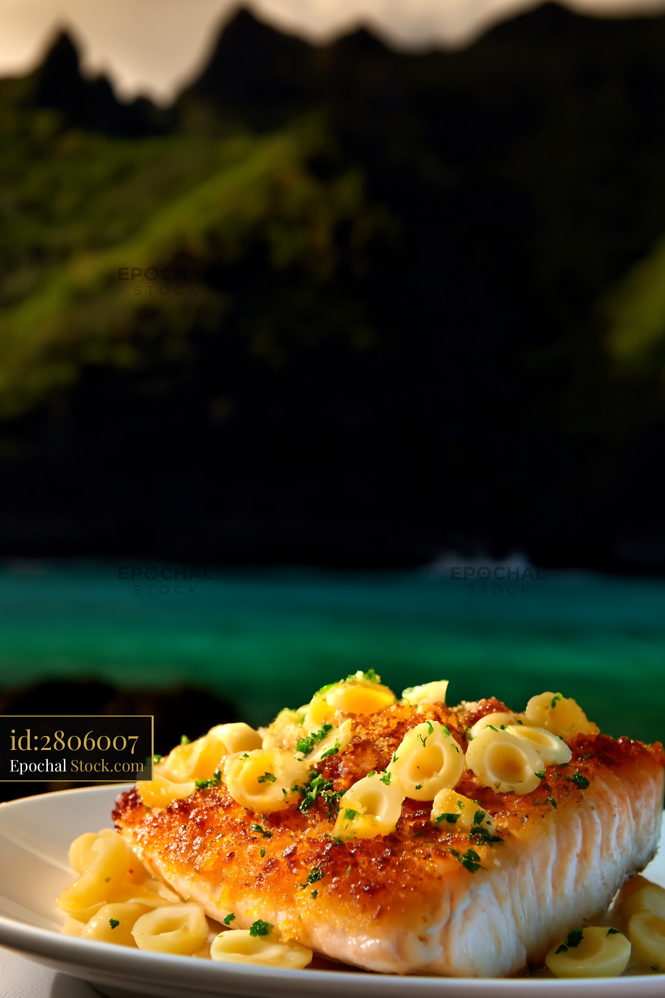 Glazed Salmon with Pasta and Mountain View - stock photo