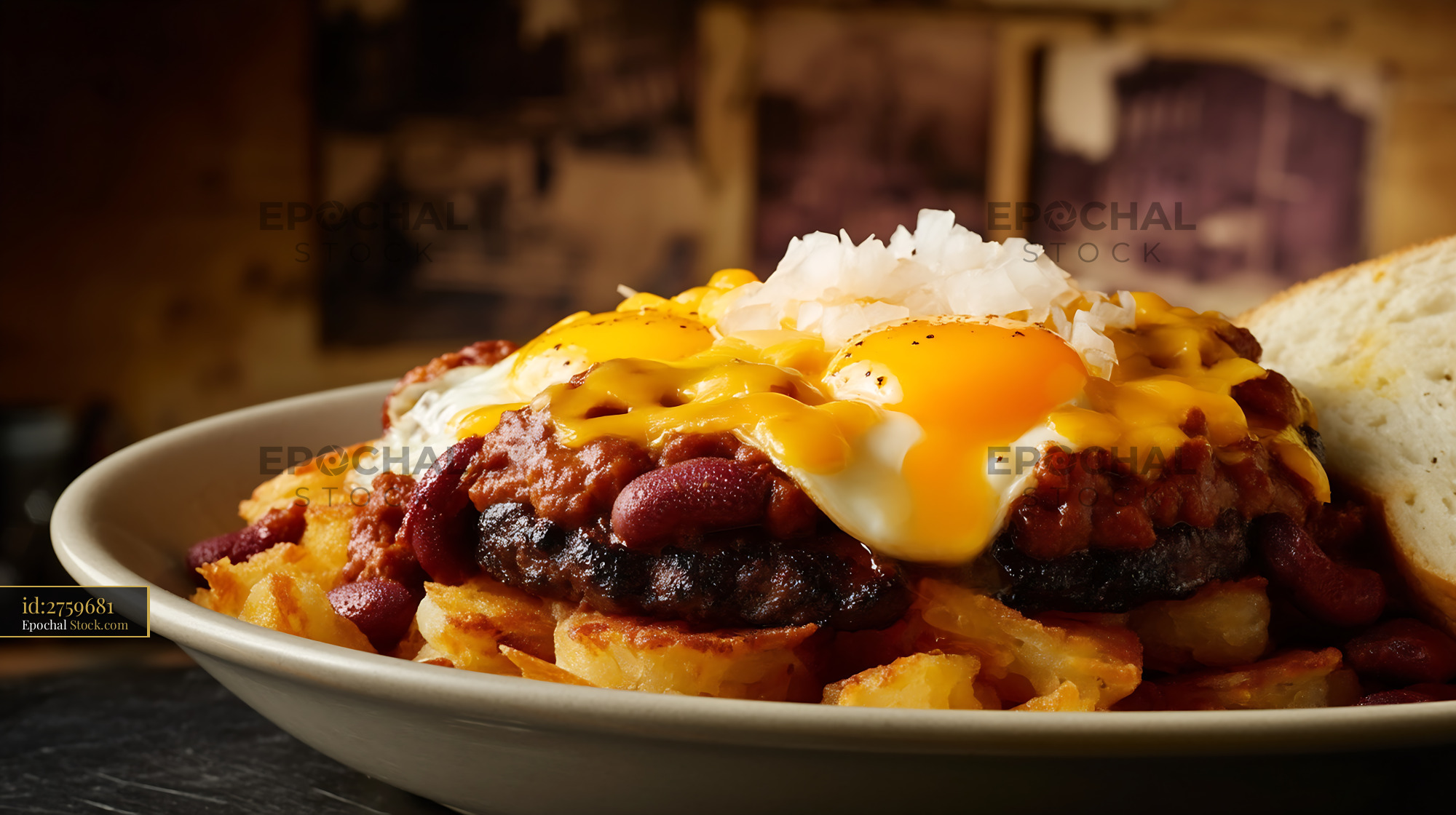 St. Louis Slinger with Fried Egg and Crispy Fries - stock photo
