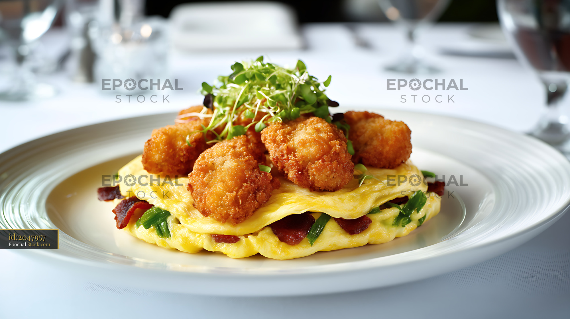 Golden Fried Shrimp Omelet with Bacon - stock photo