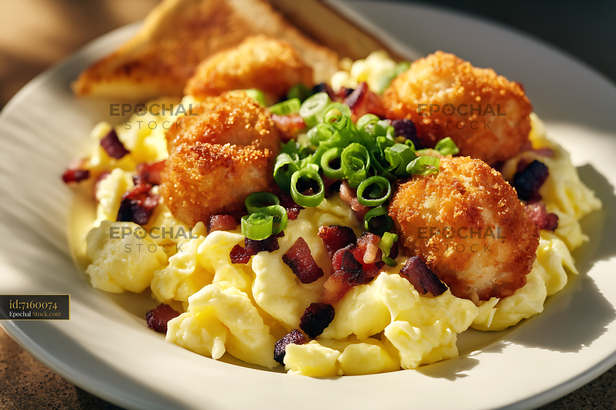 Crispy Fried Shrimp on Bacon Mac and Cheese - stock photo