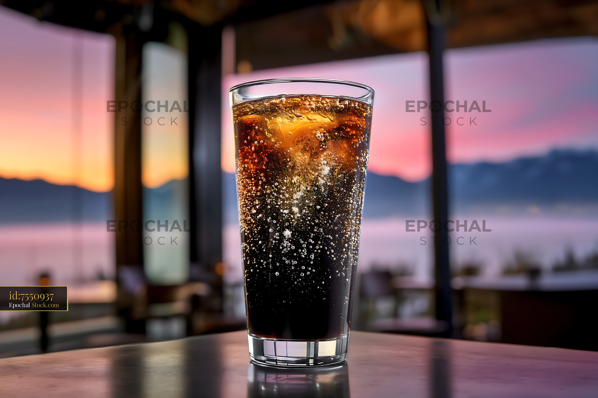 Nitro Caramel Coffee with Sunset View - stock photo