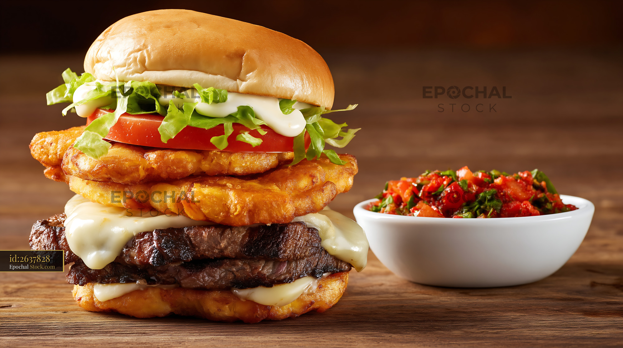 Gourmet Stacked Burger with Fried Chicken and Cheese - stock photo