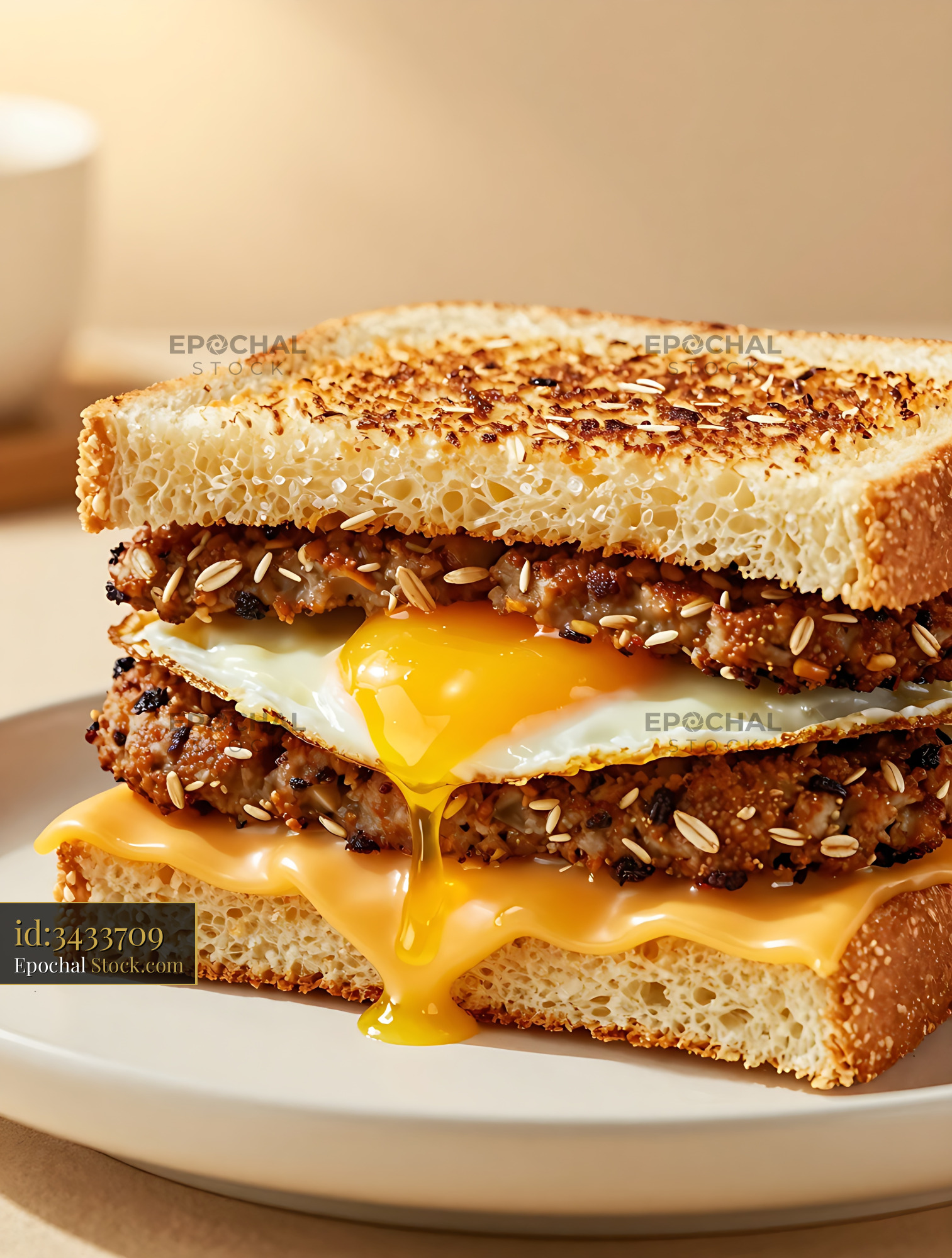 Stacked Breakfast Sandwich with Runny Egg and Cheese - stock photo