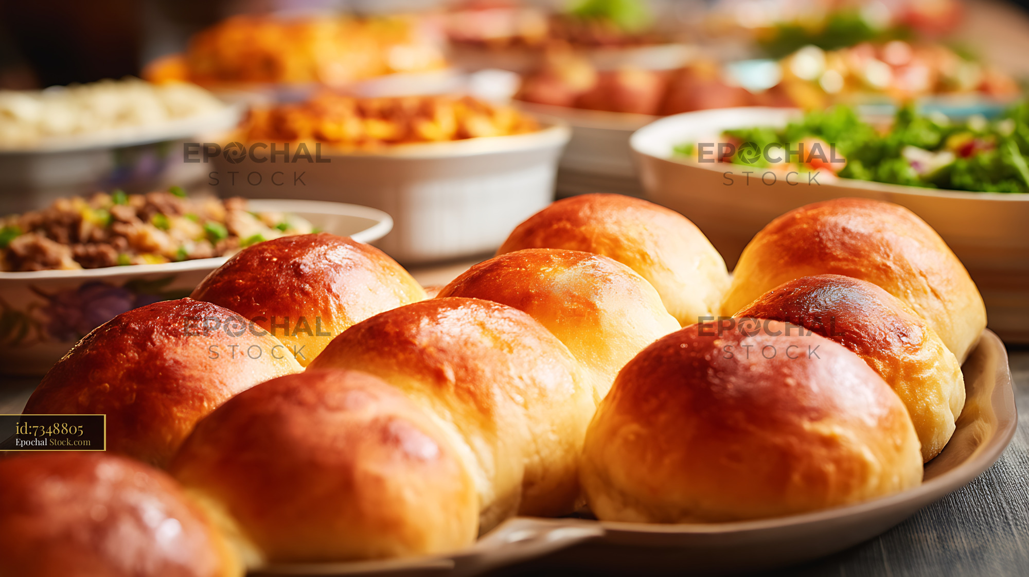 Fresh Baked Dinner Rolls on Catering Buffet - stock photo