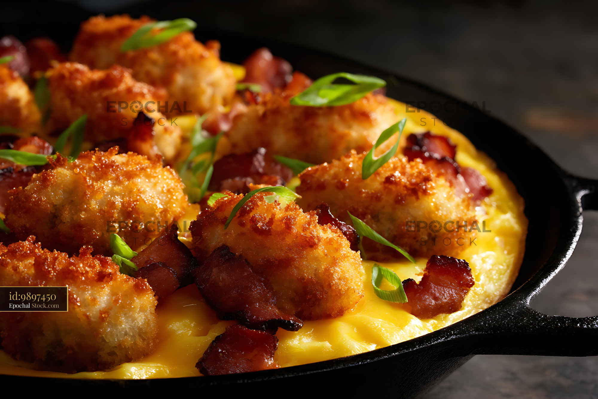 Crispy Shrimp Bacon Skillet with Cheese Sauce - stock photo