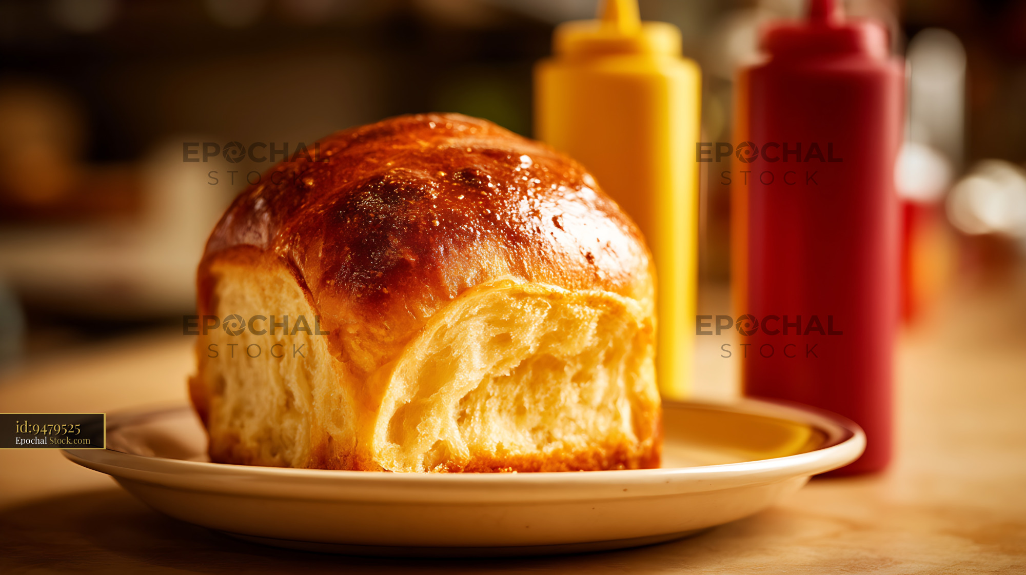 Golden Brioche Bun with Condiment Bottles - stock photo