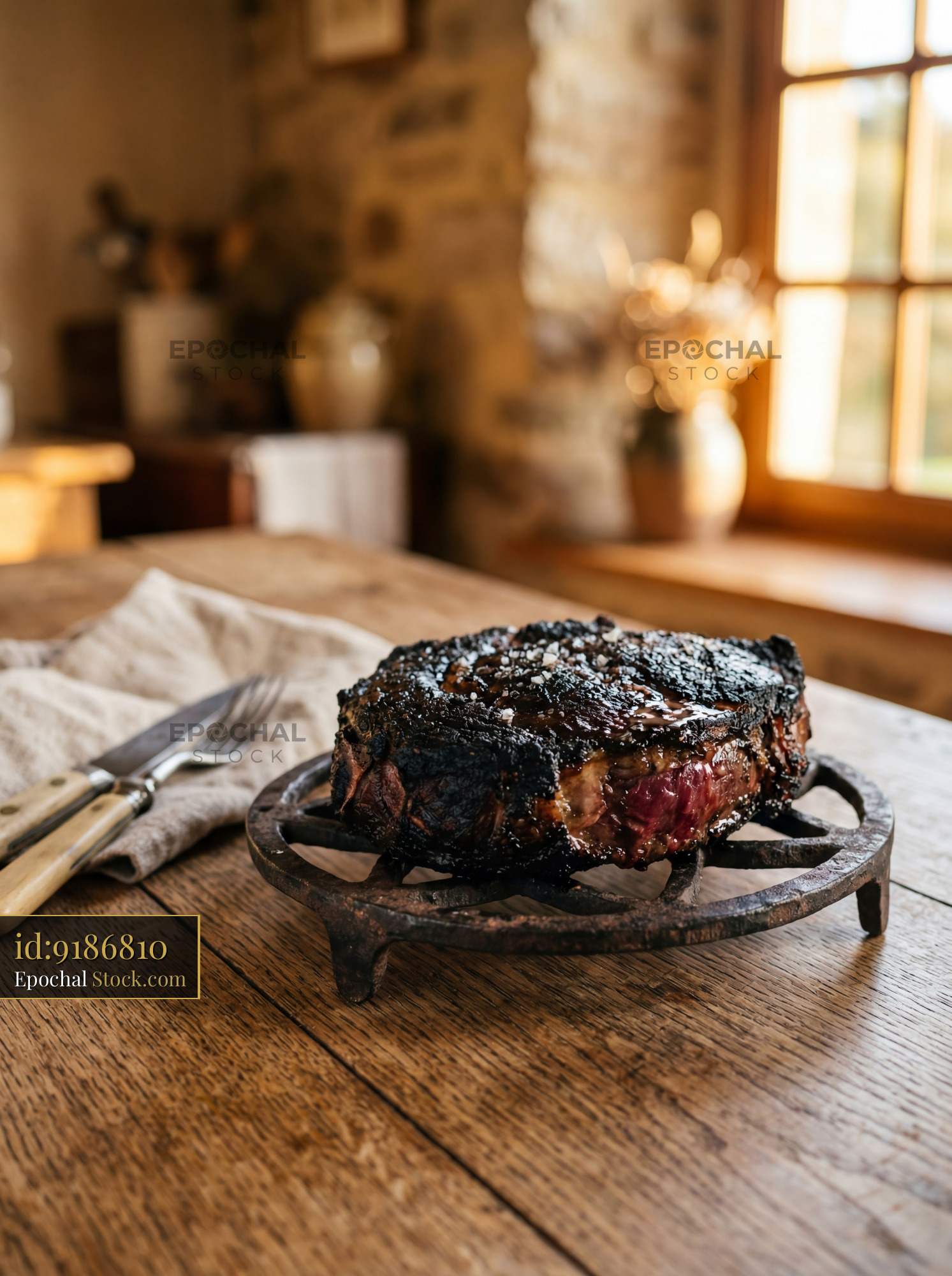 Perfectly Grilled Steak on Cast Iron Plate - stock photo