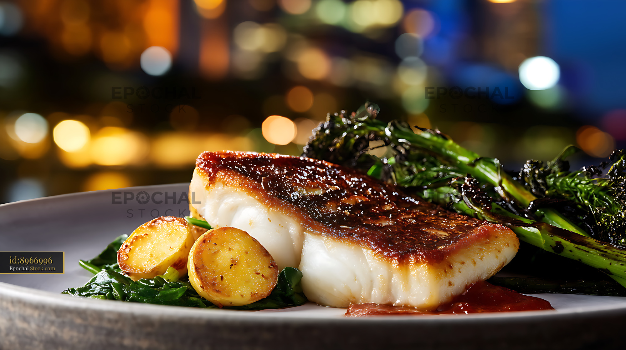 Seared Murray Cod Fillet with Seasonal Greens - stock photo
