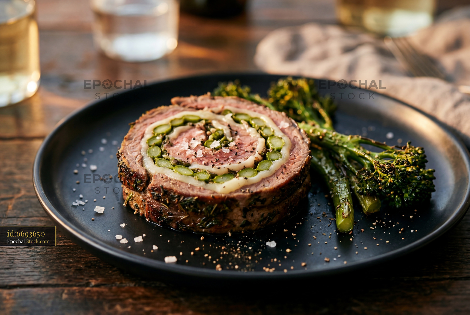 Beef Roulade with Pickles and Broccolini - stock photo