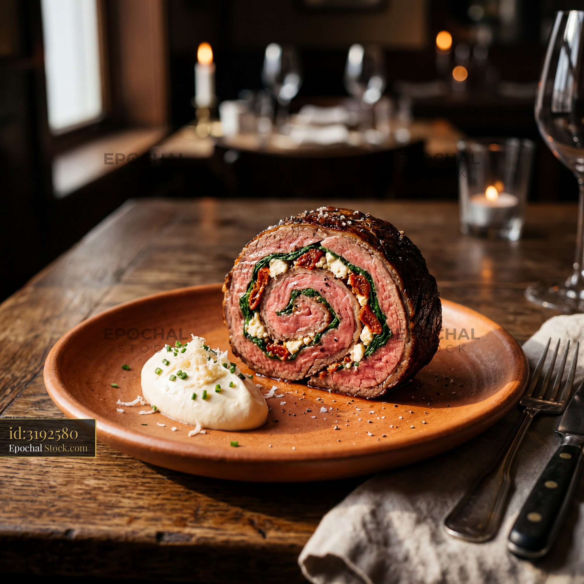 Beef Roulade with Spinach Potato Puree Fine Dining - stock photo
