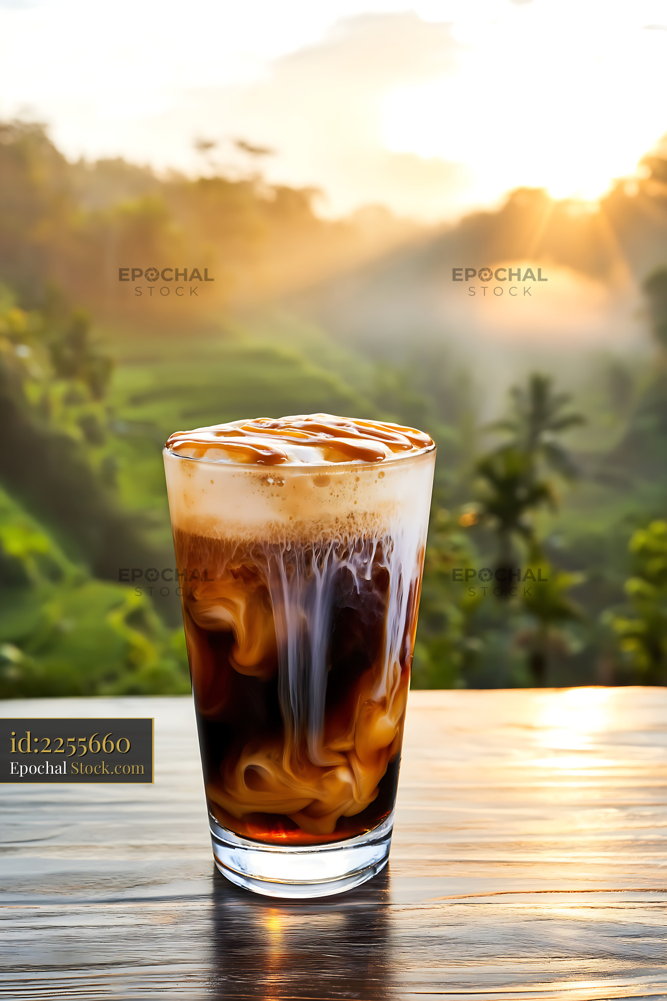Nitro Caramel Coffee Iced Drink at Sunrise - stock photo