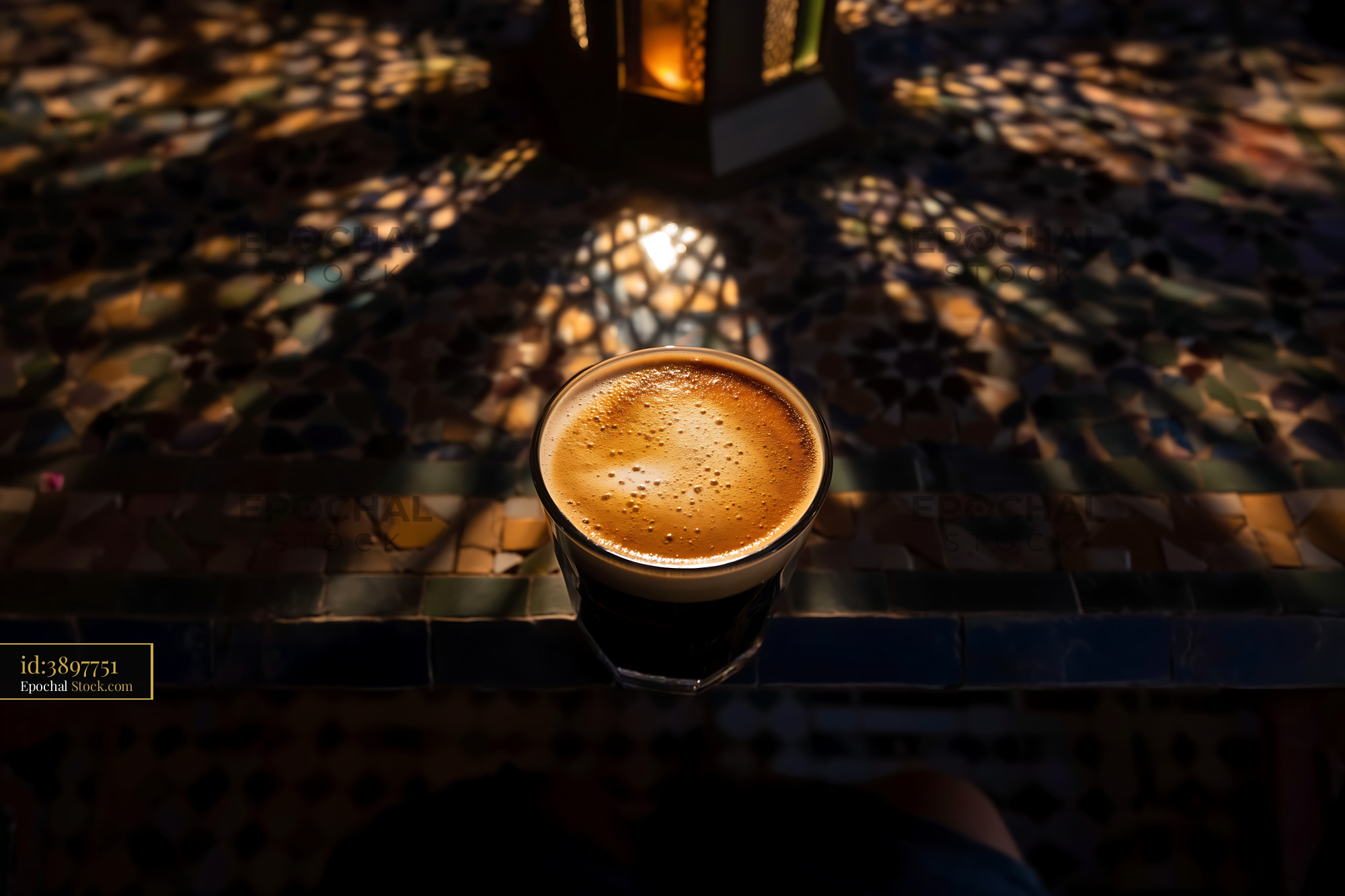 Espresso Cup with Lantern Shadow Patterns - stock photo