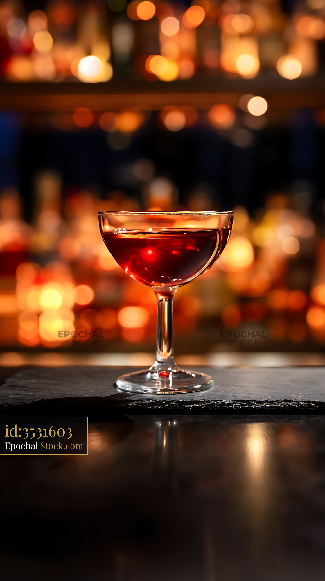 Bushwick Cocktail on Bar Counter with Bokeh Lights - stock photo