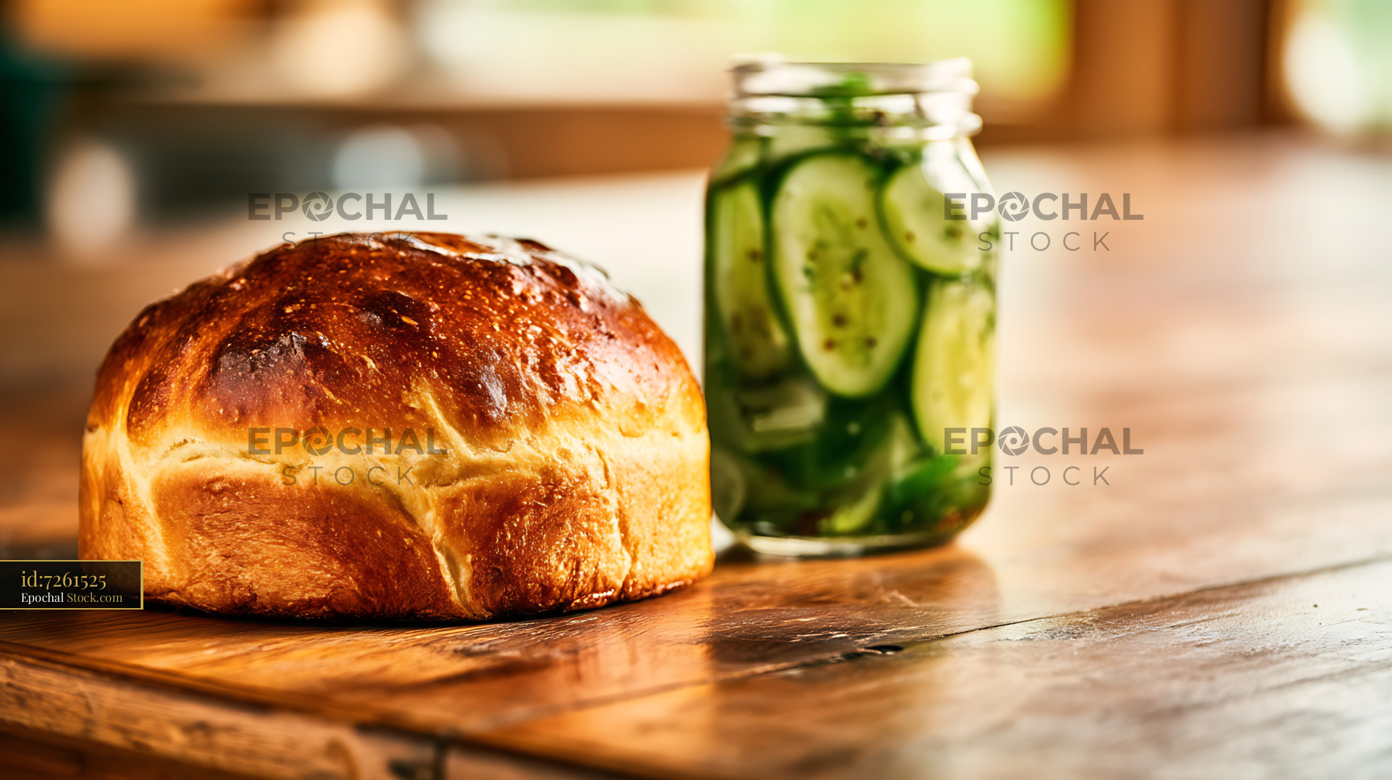 Golden Artisan Bread & Pickled Cucumber Jar - stock photo