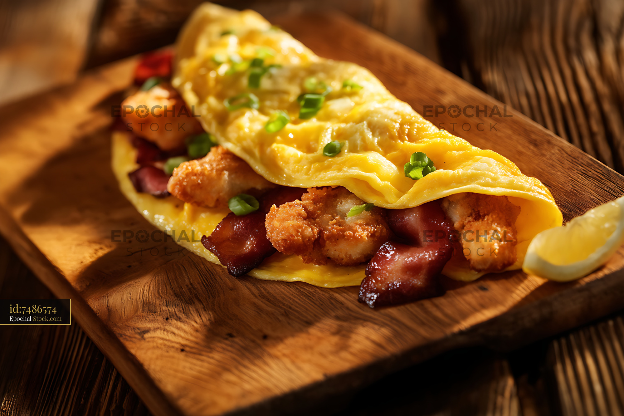 Crispy Shrimp and Bacon Omelet on Wood - stock photo