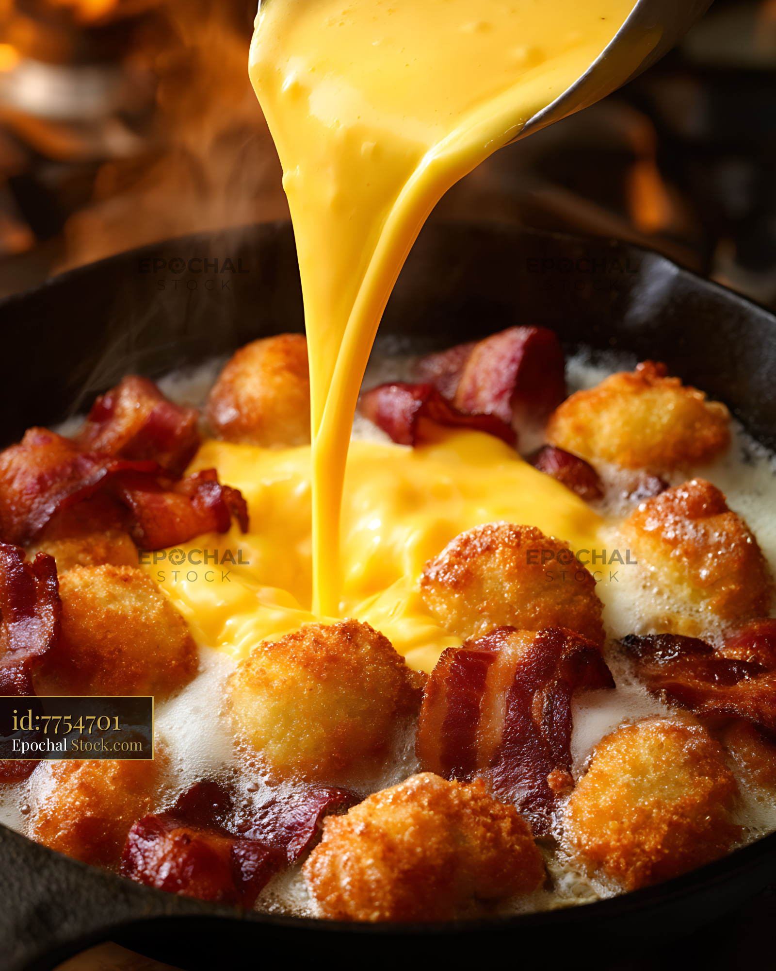 Melted Cheese Poured Over Bacon Tater Tots - stock photo