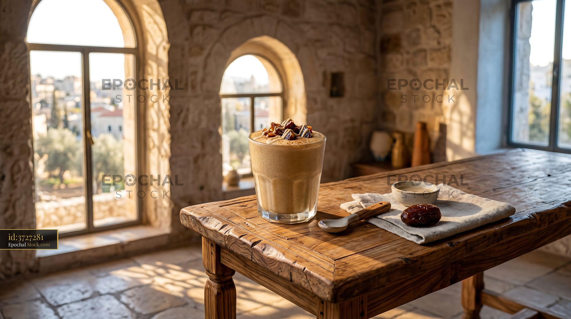 Tahini Date Shake in Historic Stone Room - stock photo