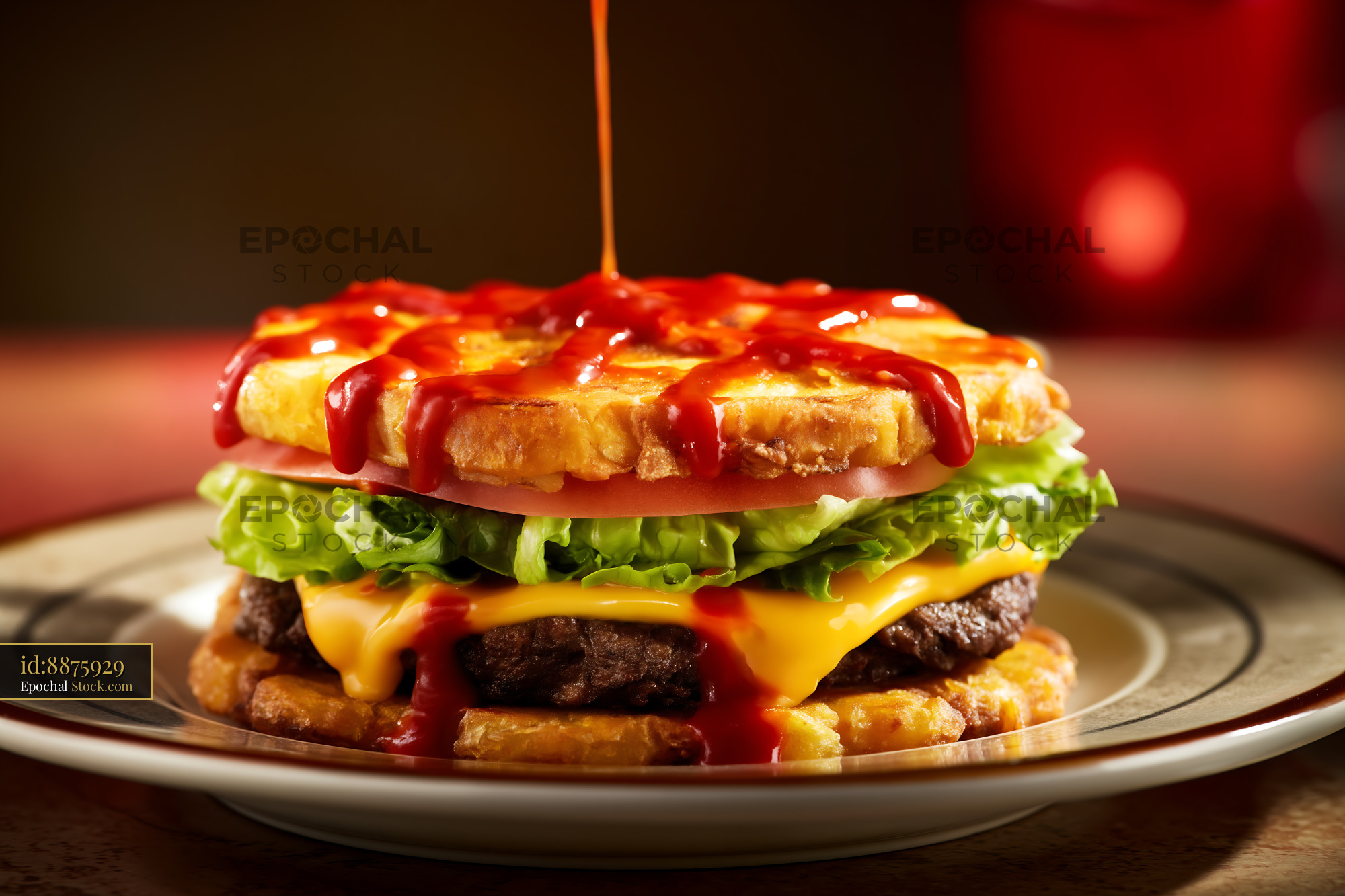 Gourmet Burger with Waffle Fries and Melted Cheese - stock photo