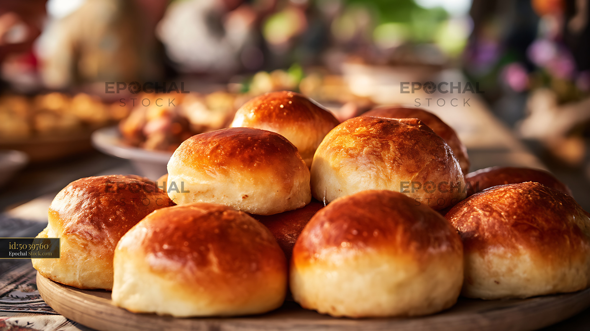 Freshly Baked Dinner Rolls on Wooden Board - stock photo