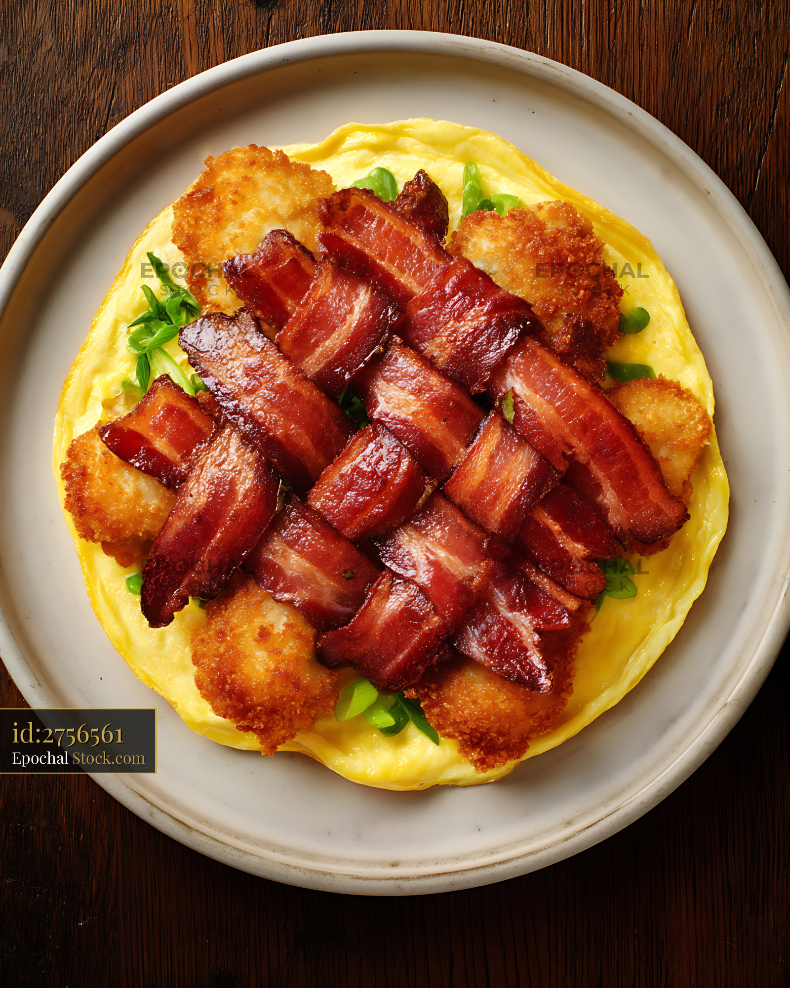Crispy Bacon Omelet with Hash Browns Plated - stock photo