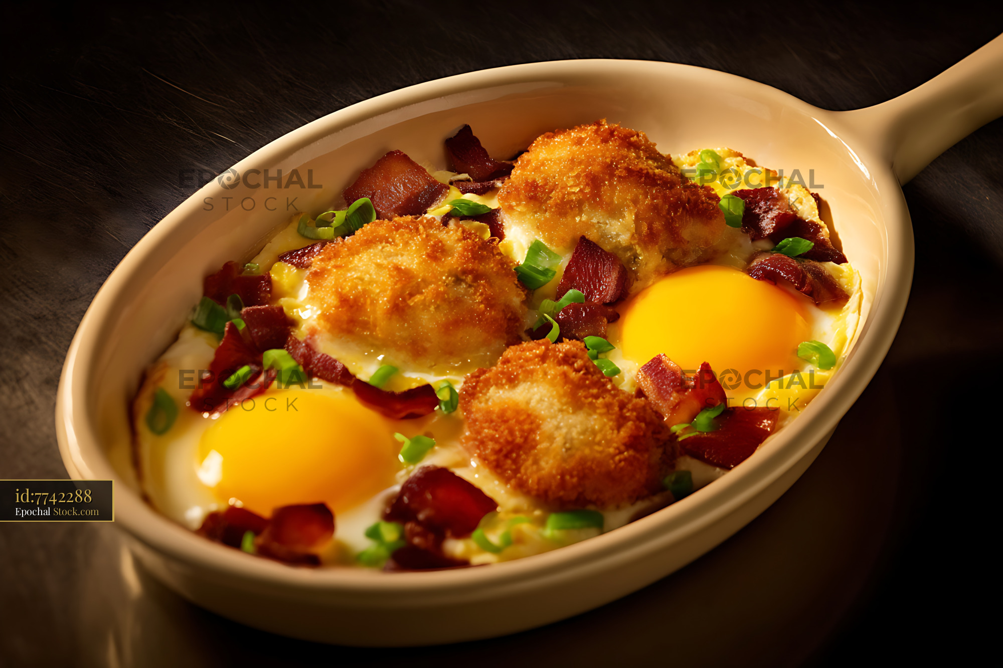 Eggs With Crispy Croquettes and Bacon in Ceramic Dish - stock photo