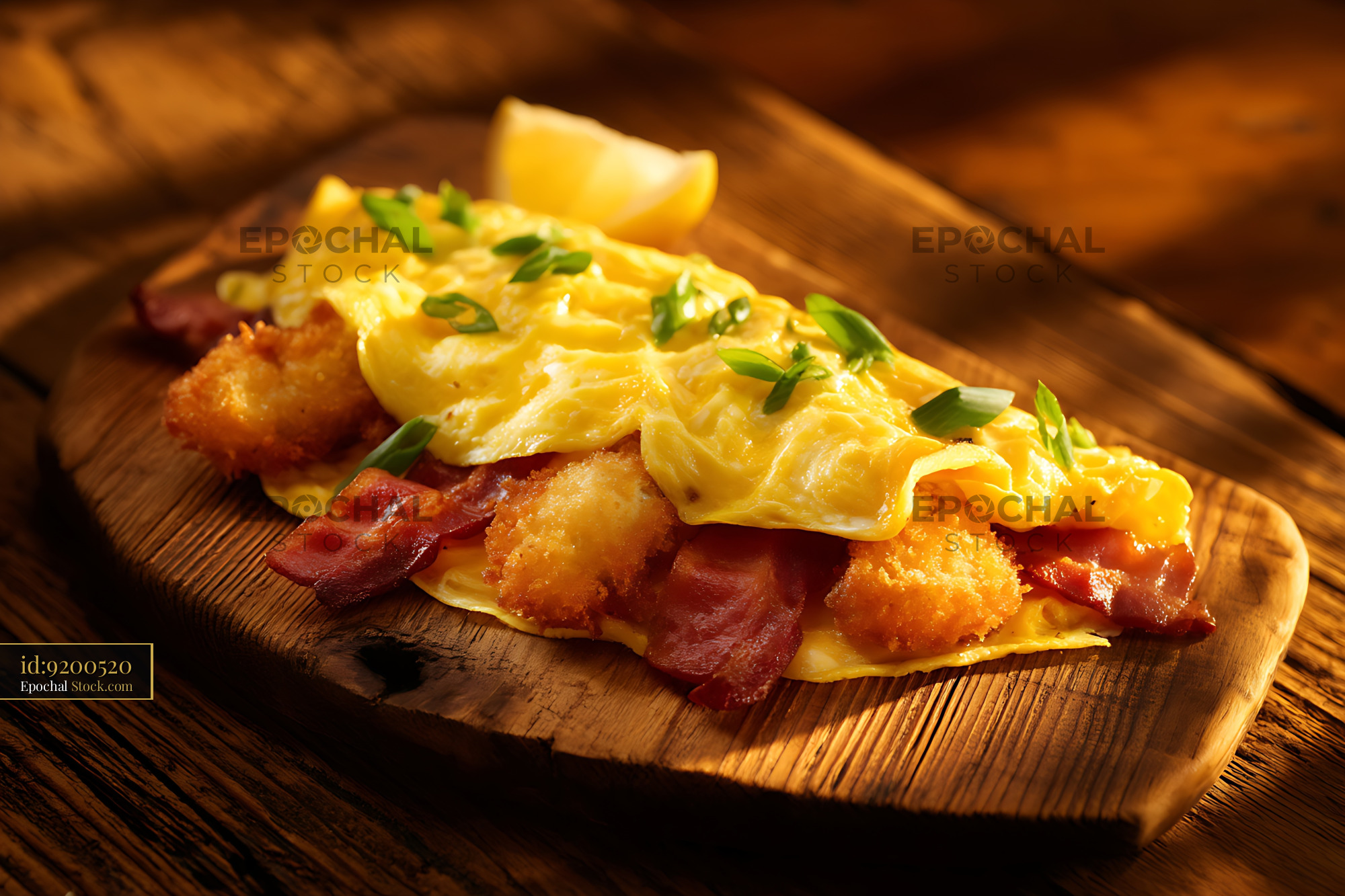 Cheesy Bacon and Potato Omelet on Wooden Board - stock photo