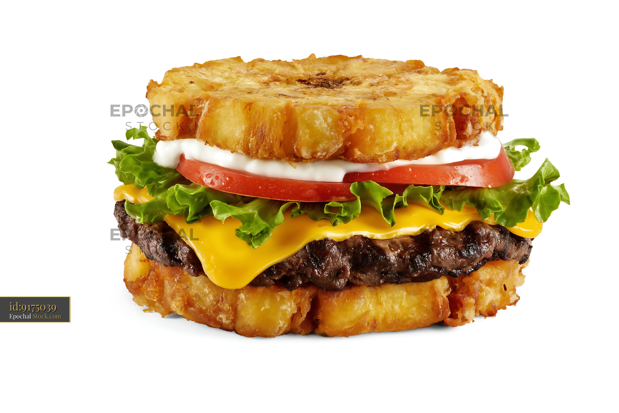 Crispy Hash Brown Cheeseburger with Fresh Toppings - stock photo