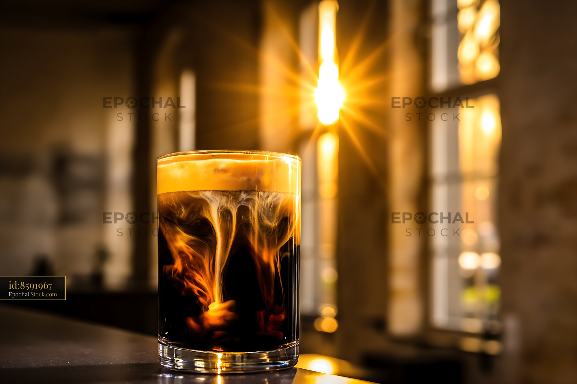 Nitro Caramel Coffee Over Ice with Warm Glow - stock photo